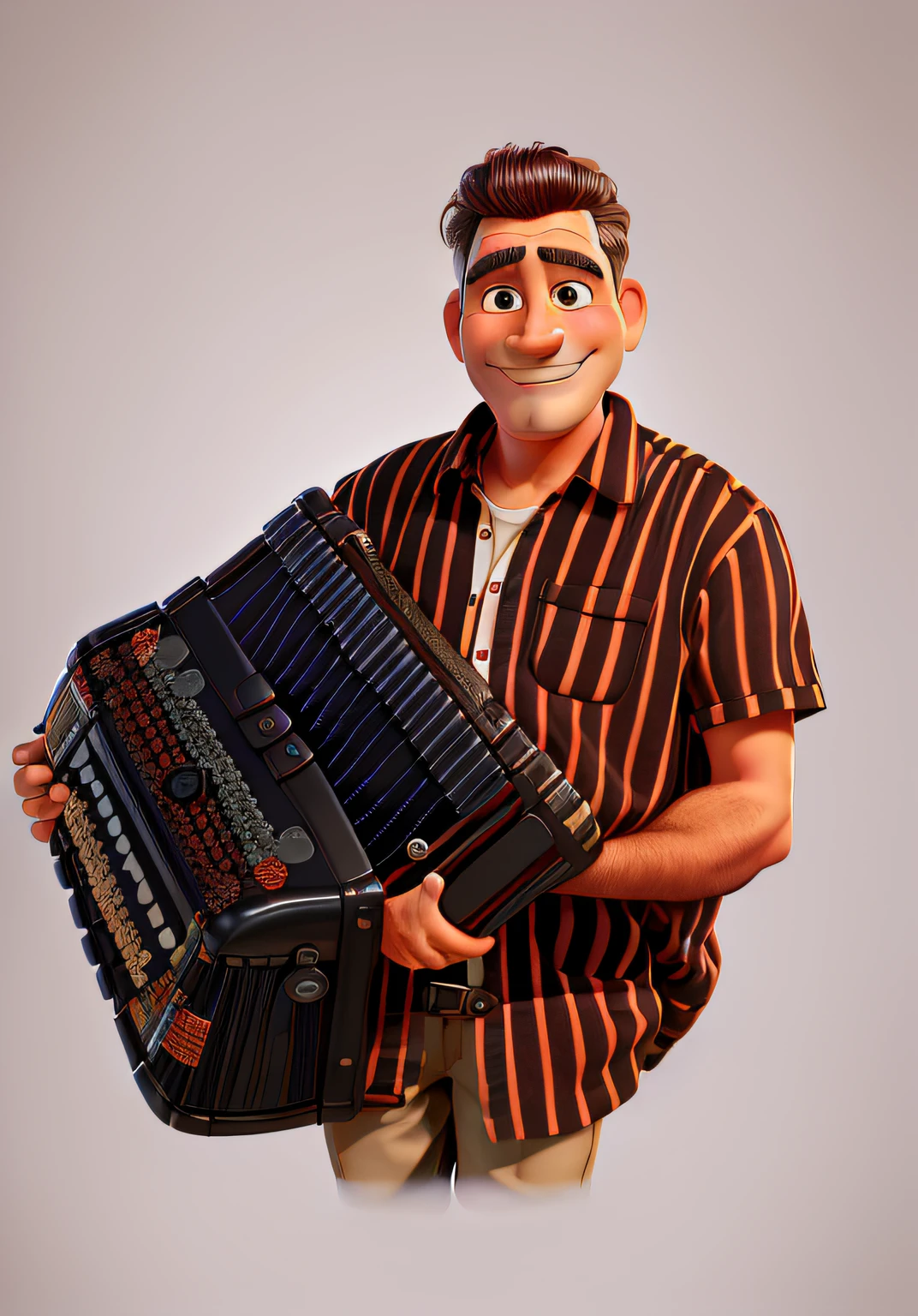(brown-top-knot:1.1), (middle-aged man), (smiling), (holding an accordion), detailed eyes, detailed lips, striped black and red shirt, accordion-playing scene, medium:oil painting, (best quality, highres:1.2), vivid colors, warm lighting, (detailed expression), (joyful,musical atmosphere), (composition:1.1), (detailed clothing), (harmonious background), (accordion:1.1), bokeh