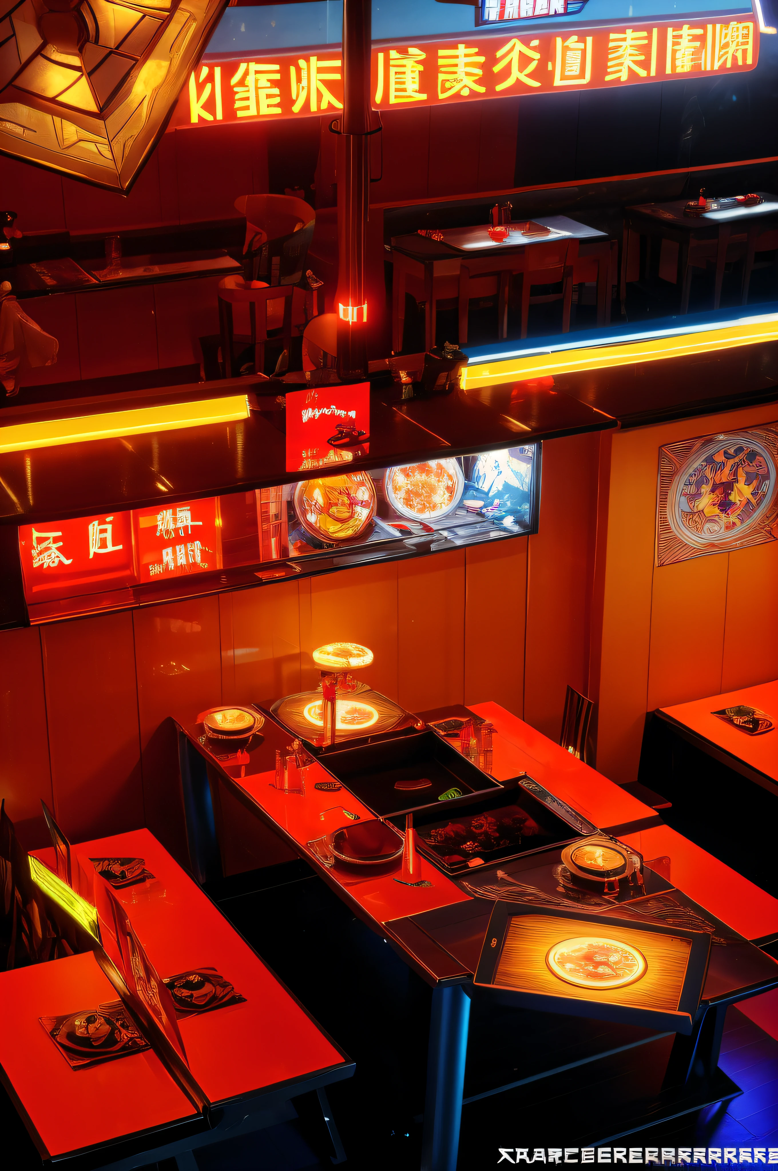 4K Ultra Clear,Realisticstyle,The Chinese restaurant has plenty of tables and benches, Sauerkraut fish and rice on the table。restaurant interior photography, china town blade runner, Taier sauerkraut fish shop, The night is futuristic, with neon lights,cyber punk perssonage, High-tech lighting installations and dazzling projection effects create a romantic and mysterious atmosphere。Wear it with the Marvel Universe comic book decoration。