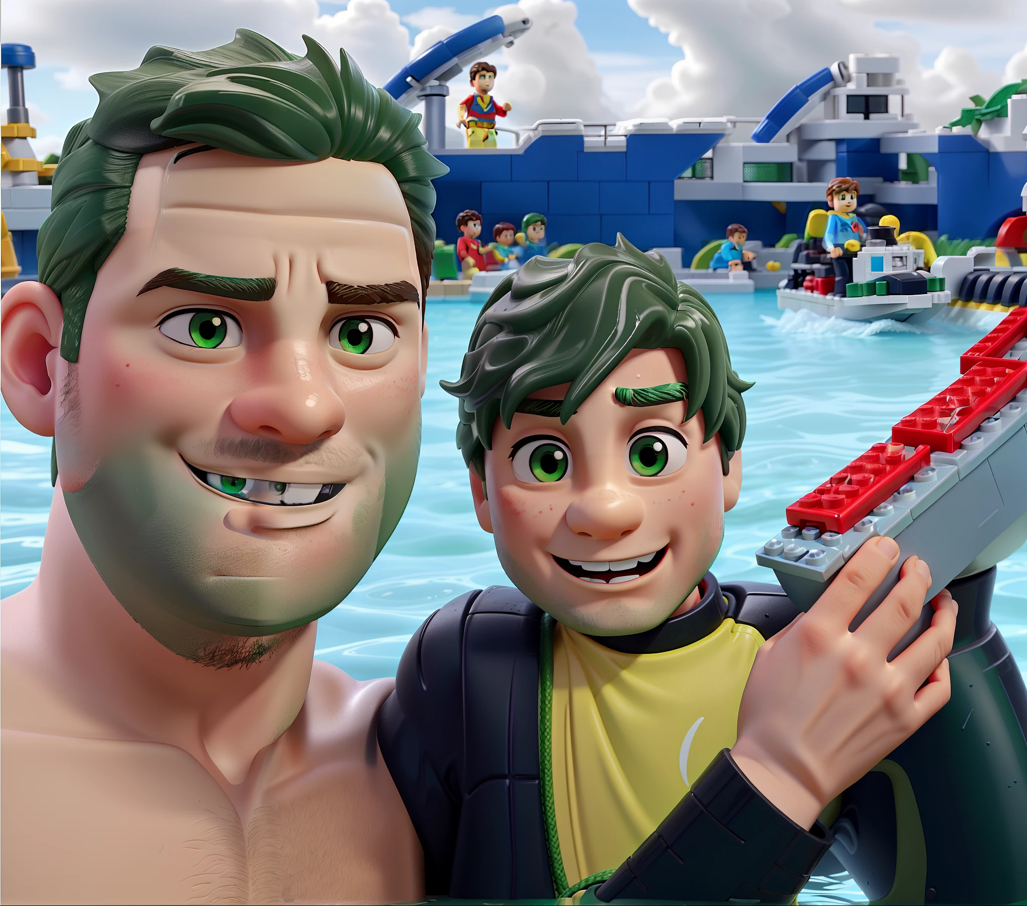 a father and son (with green eyes, using a rash guard) playing in the pool on lego land park and the ??? is with a lego boat in his hands