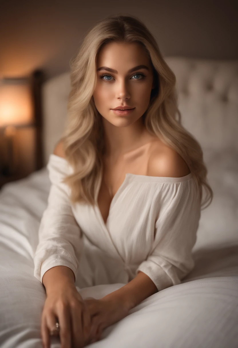 arafed woman fully , sexy girl with blue eyes, ultra realistic, meticulously detailed, portrait sophie mudd, blonde hair and large eyes, selfie of a young woman, bedroom eyes, violet myers, without makeup, natural makeup, looking directly at the camera, face with artgram, subtle makeup, stunning full body shot kneeling on bed, in bedroom, large size bust in a bar