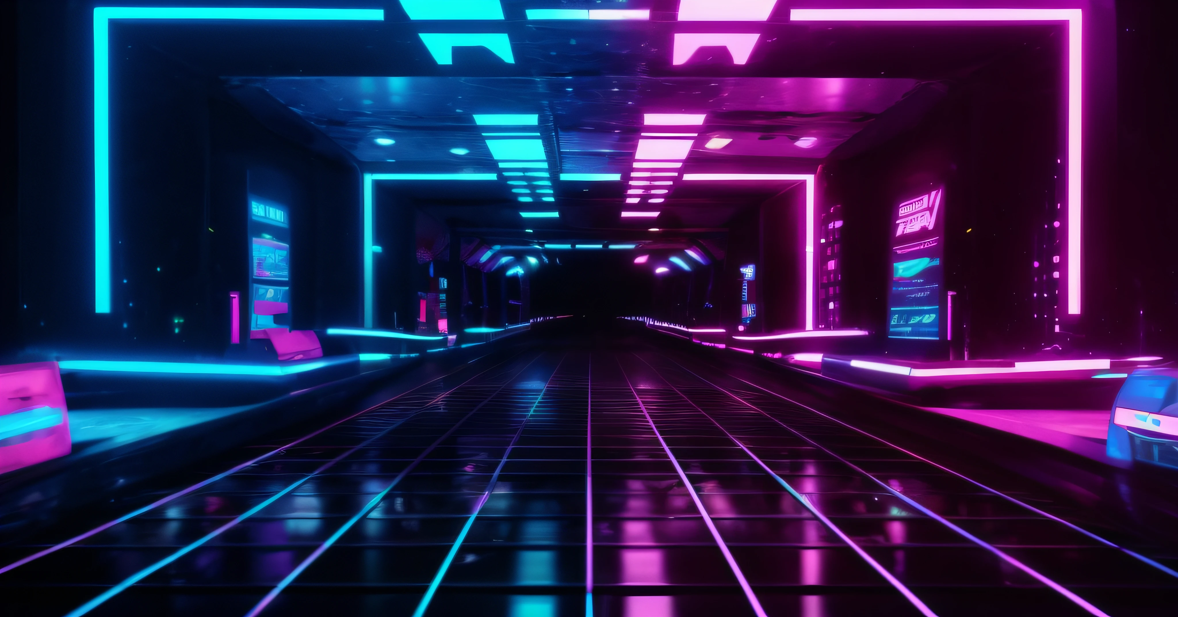 a dark hallway with neon lights and a metal grille, cyber neon lights, synthwave aesthetic, synthwave neon retrofuturism, luzes vaporwave, Cyber Neon Luzes, neon futurista, cores Synthwave, Cores Synthwave, neon futurista cyberpunk, Synthwave, cores retrowave, Onda Neon, lined with neon tube lights, neon cyberpunk cores vibrantes