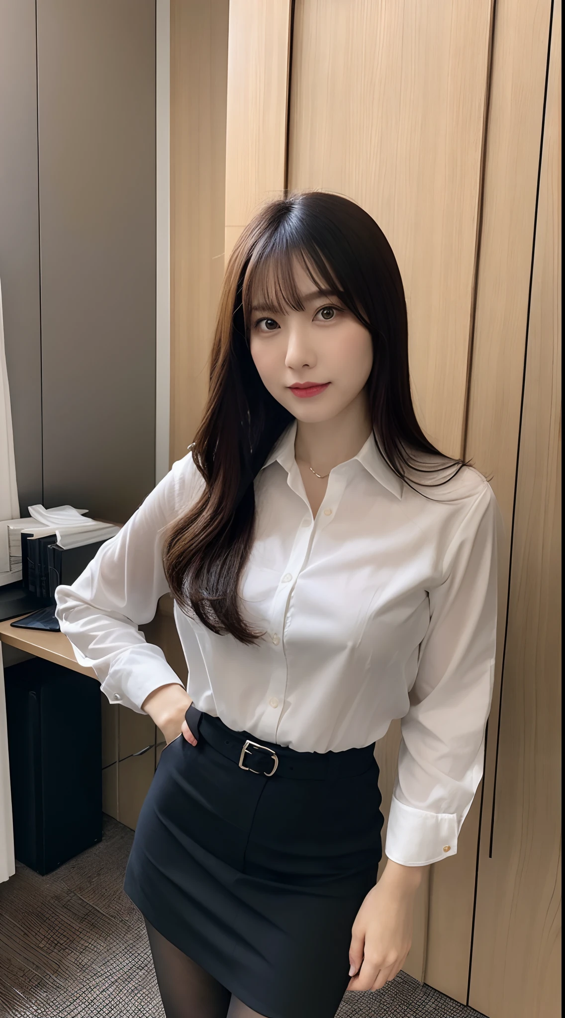 Classy upper-class elite secretary in business shirt, working in an office、Wearing a strict business suit, Wearing pantyhose、Wear high-end high heels、 Girl in a shirt, Wearing a business suit, Wearing a business suit, in a business suit, businesswoman, business clothes, wearing black business suit, Wear shirts and skirts, Woman in business suit, Business attire, business outfit, Raw photo, (8K、top-quality、​masterpiece:1.2)、(intricate detailes:1.4)、(Photorealsitic:1.4)、octane renderings、Complex 3D rendering ultra detail, Studio Soft Light, Rim Lights, vibrant detail, super detailing, realistic skin textures, Detail Face, Beautiful detail eyes, Very detailed CG Unity 16k wallpaper, make - up, (detailedbackground:1.2), Exposed thighs!!!,