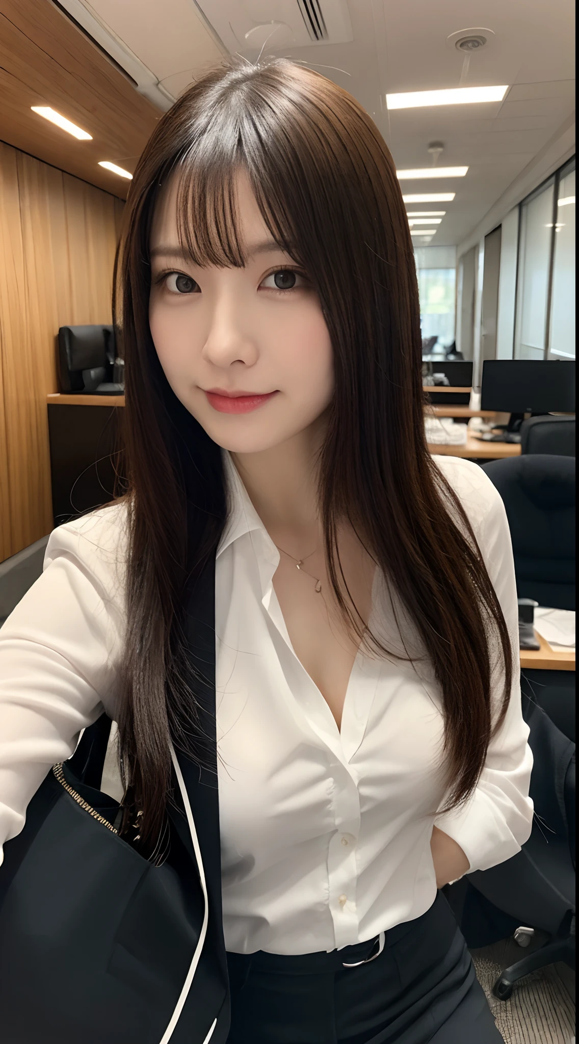 Classy upper-class elite secretary in business shirt, working in an office、Wearing a strict business suit, Wearing pantyhose、Wear high-end high heels、 Girl in a shirt, Wearing a business suit, Wearing a business suit, in a business suit, businesswoman, business clothes, wearing black business suit, Wear shirts and skirts, Woman in business suit, Business attire, business outfit, Raw photo, (8K、top-quality、​masterpiece:1.2)、(intricate detailes:1.4)、(Photorealsitic:1.4)、octane renderings、Complex 3D rendering ultra detail, Studio Soft Light, Rim Lights, vibrant detail, super detailing, realistic skin textures, Detail Face, Beautiful detail eyes, Very detailed CG Unity 16k wallpaper, make - up, (detailedbackground:1.2), Exposed thighs!!!,