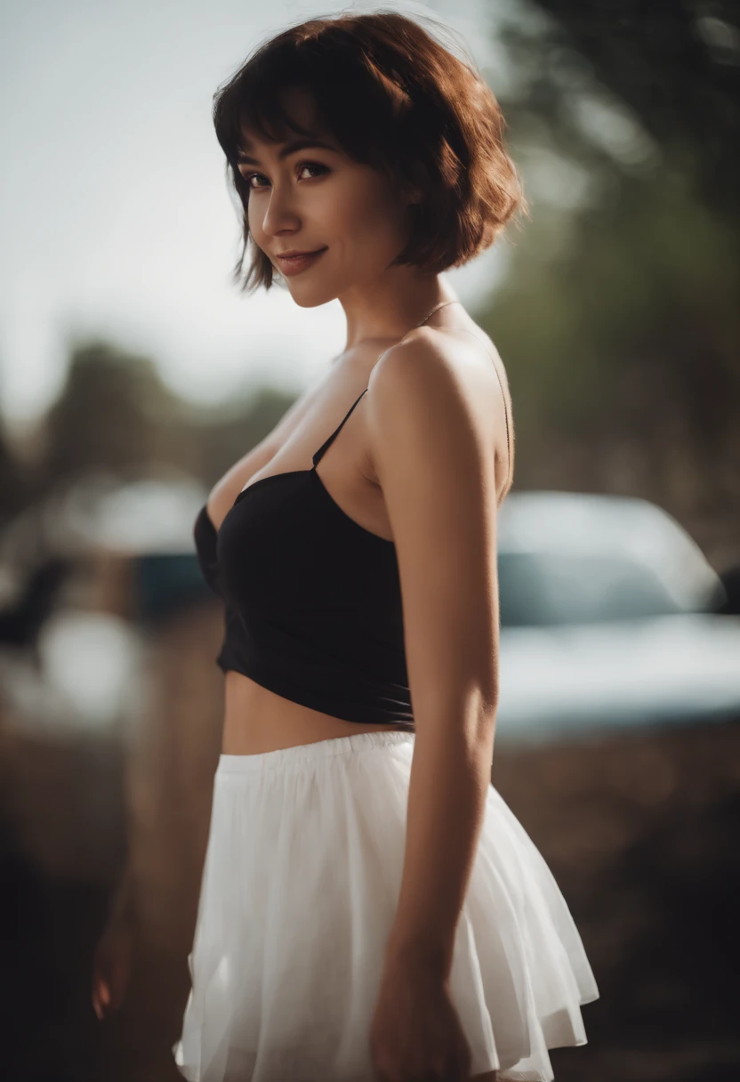 Waifu girl looking at camer, small smile , short hair, slim yet big breasts , grabbing own boobs ,top naked, very short white skirt