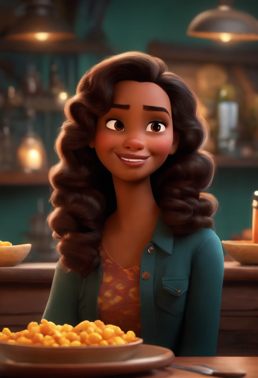 Um filme inspirado na Disney Pixar (MENINA NEGRA JOVEM COM CABELO LONGO CACHEADO PRETO) dentro A cena estar na arte distinta do estilo PIXAR, descolada e estilosa