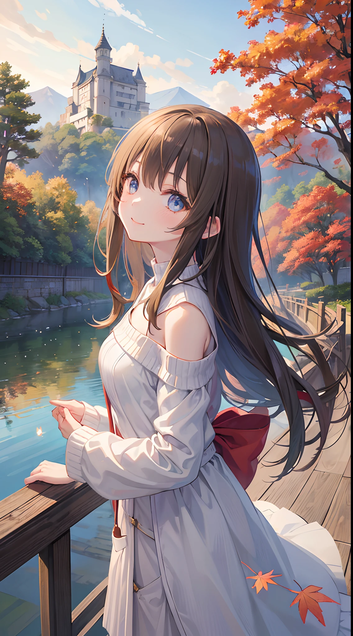 (top-quality), (masterpiece)、(ultla detailed)、(Beautiful girl alone)、(cute little)、20yr old、takeout、(early evening)、(Promenade in the nature park)、Sweaters、(off shoulders)、long-sleeve、(plein air)、(Lots of trees with autumn leaves)、Lit up、lightbrown hair、(blue eyess)、A detailed eye、Wide open eyes、A detailed face、A smile、Empty your mouth、Colossal tits、length hair、(upperbody shot)、Japan castle in the background、standing on a bridge、(Looking up:1.3)