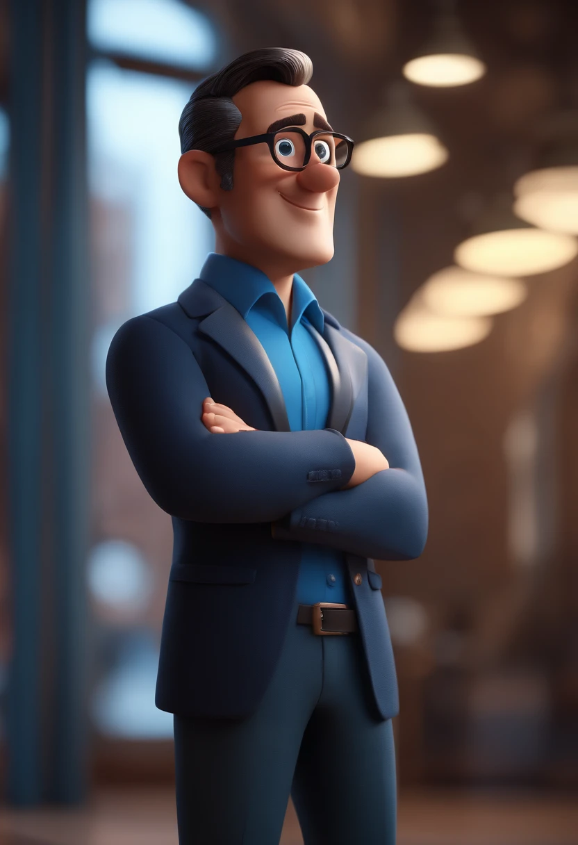 Cartoon character of a man with black glasses and a blue shirt, animation character, Caractere estilizado, animation style rendering, 3D estilizado, Arnold Maya render, 3 d render stylized, toon render keyshot, Personagem 3D, Personagem 3D, 3d rendering stylized, 3 d character render, personagem de desenho animado, Personagem de close up, Pose de personagem, (Estilo Pixar) (master part:1.2) (Bokeh) (best quality) (pele detalhada) (textura detalhada) (8k) (argila) (Cinematic lighting) (foco nítido
