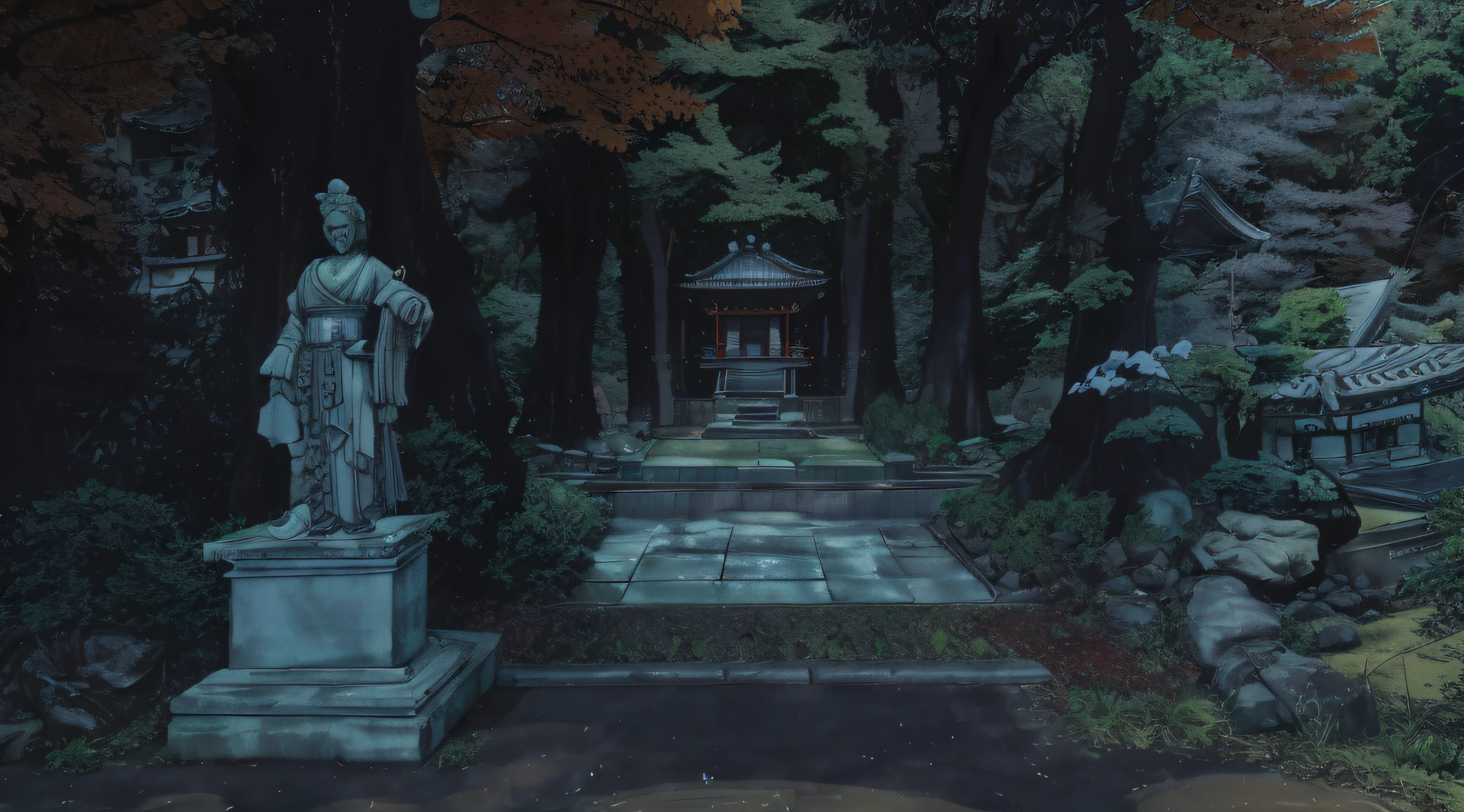 There are statues of men on the steps of the park, Japanese Cyberpunk Temple, mysterious temple setting, atmosfera tranquila e serena, ambiente altamente detalhado, Japanese Shrine, Fantasma de Tsushima, japanese temple, Shinto shrine, Fundo do templo zen, mythical shrine, Japan. Volumetric lighting, Japonisme 3 D 8 K Ultra Detalhado, near a japanese shrine, Fundo do templo