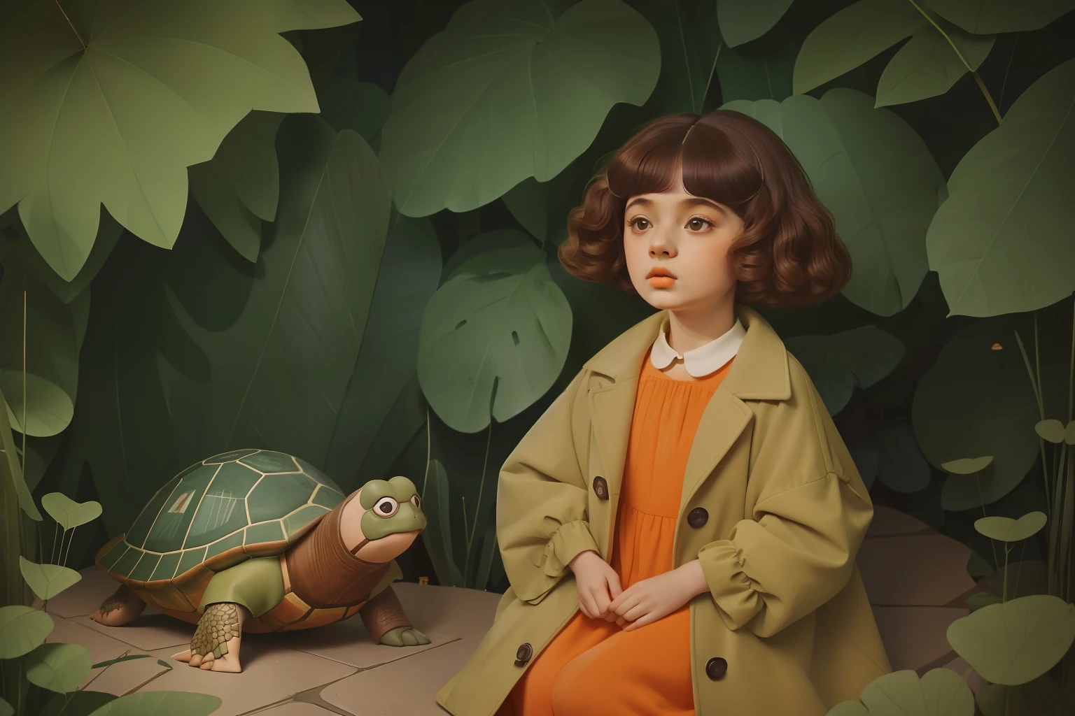 year: 1974. Location: Germany. Pre-Raphaelite little girl, short curly hair, oversized coat, turtle, Michael Ende's Momo,  ((((Clothing from the 1970s)))) ((Hairstyle of the 1970s)), ((("OMITB" cinematography)))