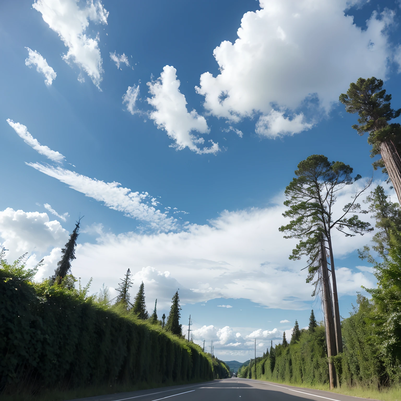 Under the blue sky and white clouds, there are tall trees and wide roads to accompany me into the future