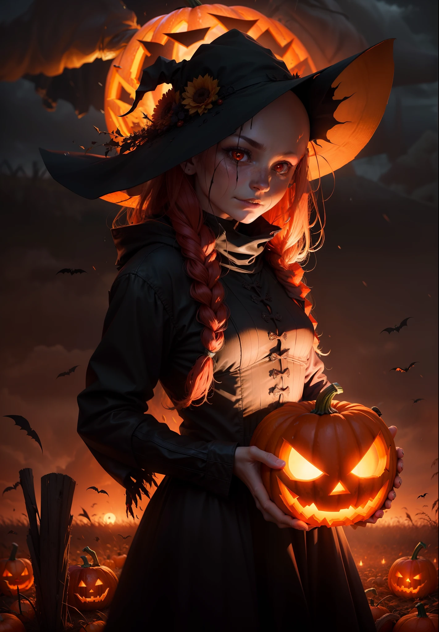 Pumpkin demon scarecrow, femele, Holding a wine glass, Jack O'Lantern 飾演 The Head, straw, Night, fall weather, Dark, Creepy, Cornfield, Field on fire, rain, The demons, Glowing red eyes, Horror, Scary, Pumpkin head, Bald, wineglass