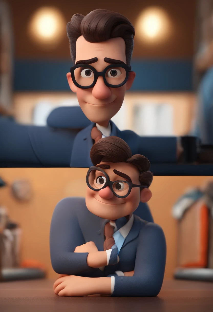 Cartoon character of a man wearing black glasses and a blue shirt, um personagem animado, Caractere estilizado, animation style rendering, 3D estilizado, Arnold Maya render, 3 d render stylized, toon render keyshot, Personagem 3D, Personagem 3D, 3d rendering stylized, 3 d character render, personagem de desenho animado, Personagem de close up, Pose de personagem, (Estilo Pixar) (master part:1.2) (Bokeh) (best quality) (pele detalhada) (textura detalhada) (8k) (argila) (Cinematic lighting) (foco nítido,Senta e vaza a parte superior do corpo