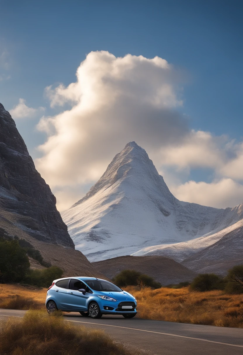 "Make a Disney Pixar-style picture, 3d car new fiesta White 4 reverse doors , The edge of a mountain with blue sky , sun going down"