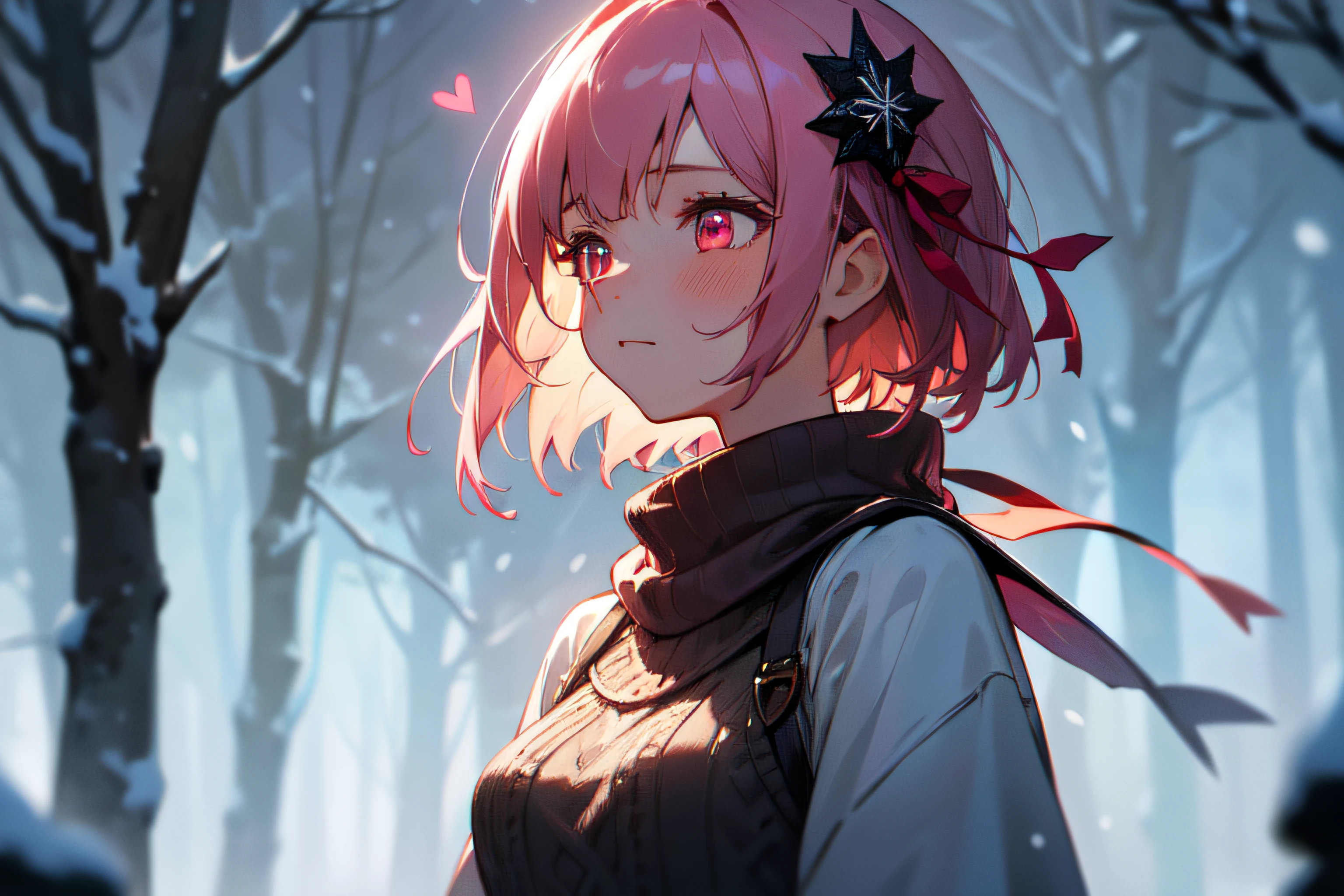 mastepiece, profesional artwork, sharp image, best quality, high quality, ultra quality, 1girl, dark pink hair, short hair, straight hair, sweater, small breast, upper body, face focus, beautiful eyes, red eyes, glowing eyes, forest, falling leaves, snow, outdoor, depth of field, moonlight, dust, night, beautiful lighting, detailed face, detailed background, detailed picture, blush, deatiled texture, bokeh background, heart eyes, hair ribbon, hair ornament, hair decoration, decoration, detailed decoration, cool look, feminime, look away, mature, low angle camera, modern, relaxing, snowfall, snowflakes, dark night, glowing eyes,