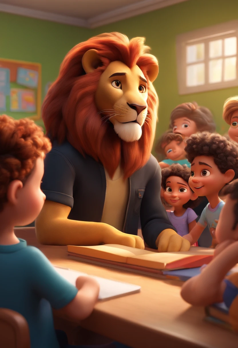 Lion Daren in a black t-shirt in a classroom with children in Disney Pixar 3D style