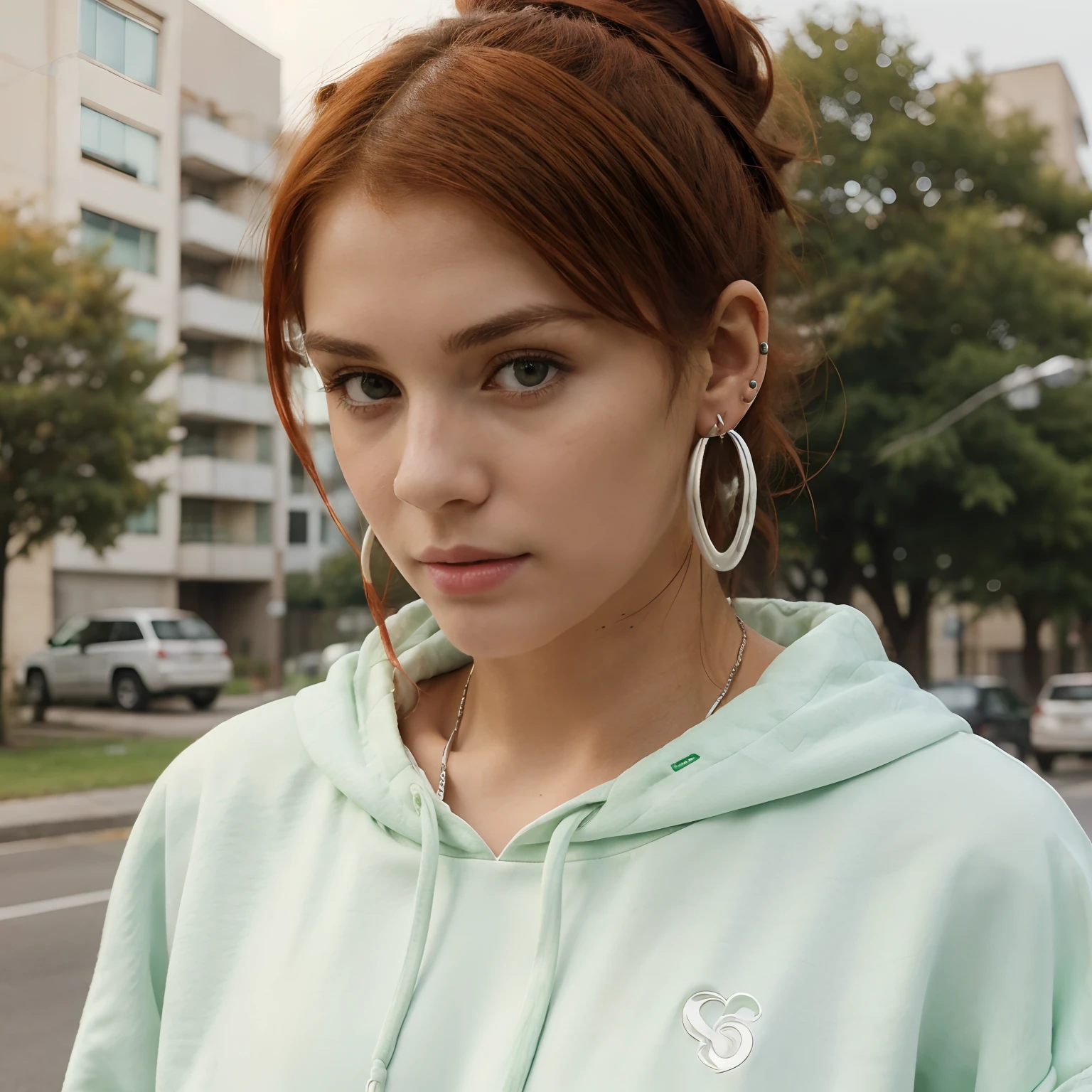 Attractive girl of about 23 years old, with marked somewhat masculine features, oversized green and white sweatshirt, red hair tied up in a messy bun, earrings and headphones around her neck