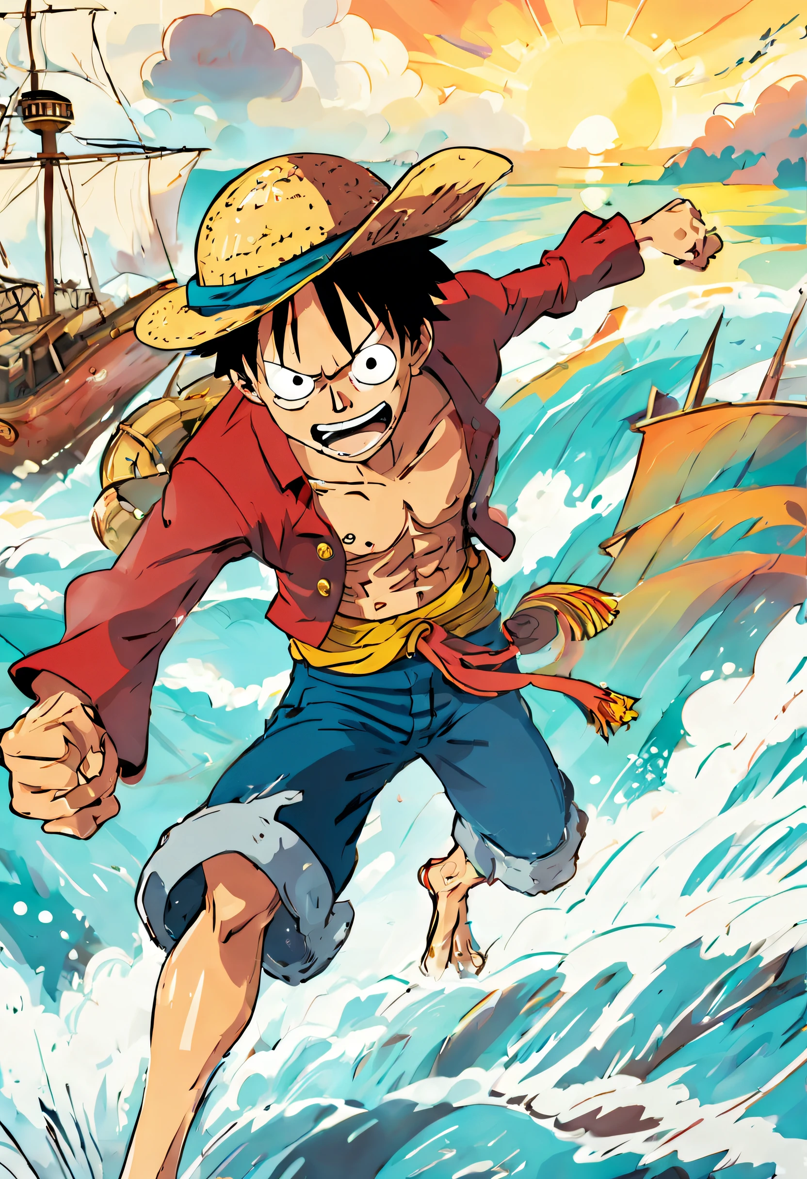 "(((best quality))),(((ultra detailed))),(((masterpiece))),illustration, anime character, Monkey D. Luffy, pirate, determined, straw hat, rubber powers, fighting stance, adventurous, captain, One Piece, sea background"