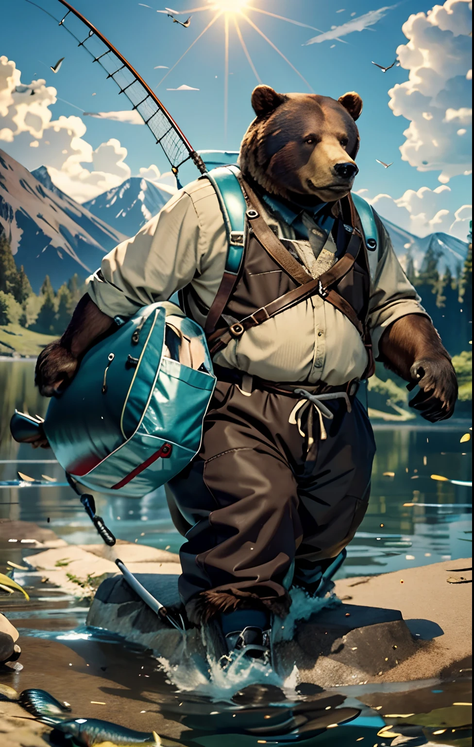 c4ttitude, Realism, Attentive Eyes ,Furr, applicant, Agile, attraction, Fishermen's clothing,stocklings, sits on a chair, Fish cage (Fishing pond,Fishing with a fishing rod),masutepiece, Best Quality, Ultra-detailed,8k wallpaper,Hyperresolution， Unreal 5,He looks very bored,Fat Brown Bear, Bear Hand