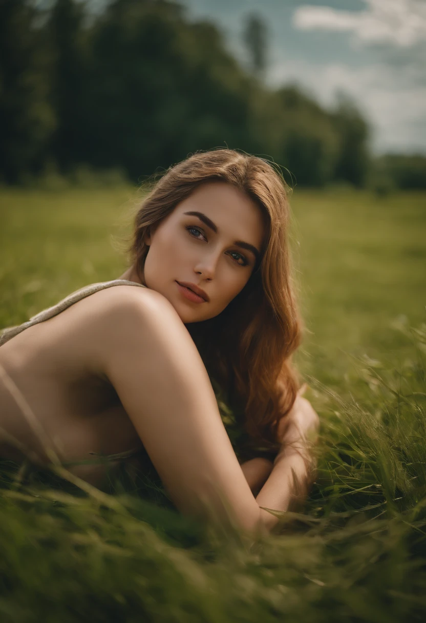 In a farm full of grass girl waifu lying on the grass naked big boobs and ass cinematic scenery