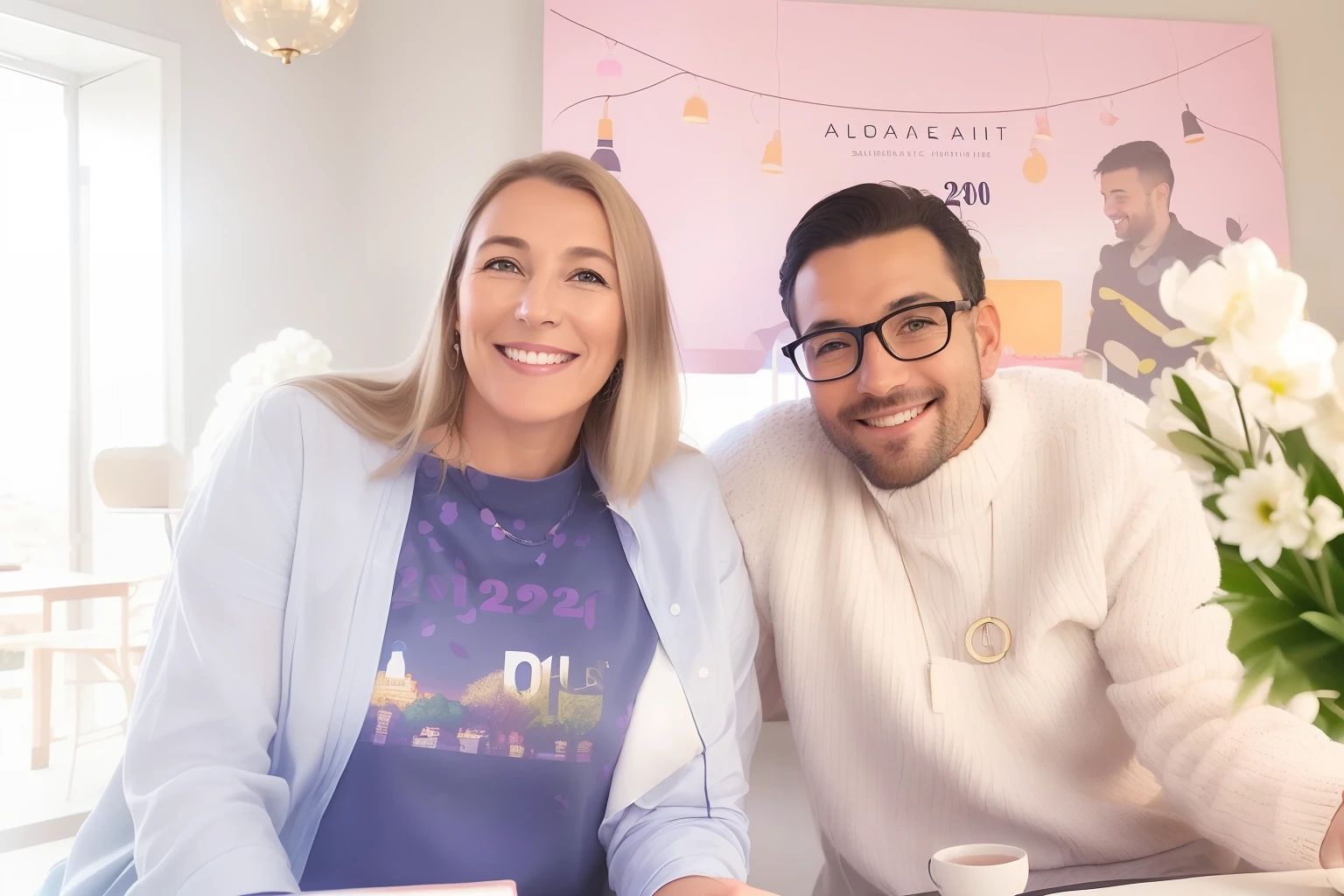 smiling couple sitting at a table with laptops and a cake, beautiful surroundings, candid shot, non blurry, by Else Alfelt, photo taken in 2 0 2 0, sandra pelser, very close shot, profile pic, taken in the early 2020s, profile picture, by Lee Loughridge, photo taken in 2018, medium details