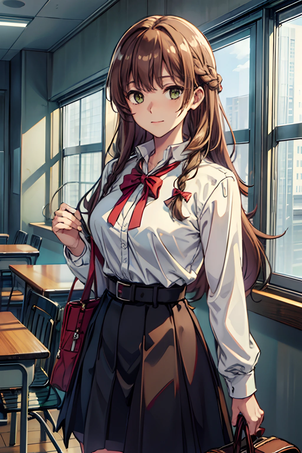 ((masterpiece,best quality)), highres, extremely detailed 8K wallpaper, depth_of_field, cowboy shot, solo, 1girl, saeki_sayaka_yagatekimininaru, long_hair, light brown hair, braid, green_eyes, bow, big breasts, , school uniform, white sailor collar, brown jacket, brown sleeves, red bow, red ribbon, black shirt, belt, classroom, night,