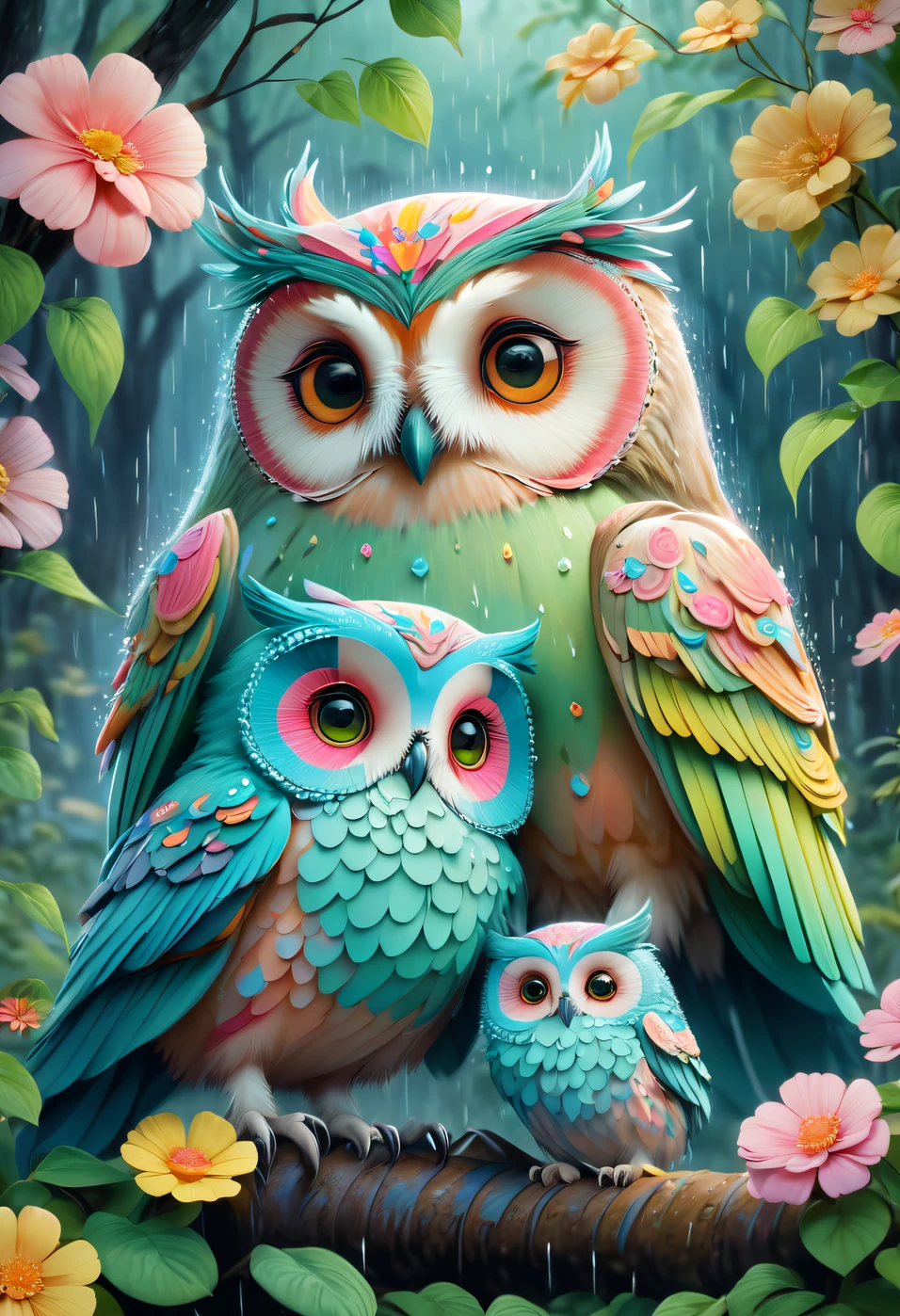 （Colorful painting with flowers flowers for an owl mother and 2 little babies），（There is only a large umbrella），（Mother owl holding a large umbrella：1.37），（2 small babies), (Snuggle up to your mom），Mom's caring expression，Baby's coquettish expression background：（A forest where it is raining heavily：1.3）， （A forest where it is raining heavily：1.3），（A forest where it is raining heavily：1.3），Cute detailed digital art, lovely digital painting, adorable digital art, Beeple and Jeremiah Ketner, cute owl, cute detailed artwork,cute 3 d render, digital painting highly detailed, cute colorful adorable, highly detailed digital artwork, highly detailed and colored, digital art highly detailed, cute artwork