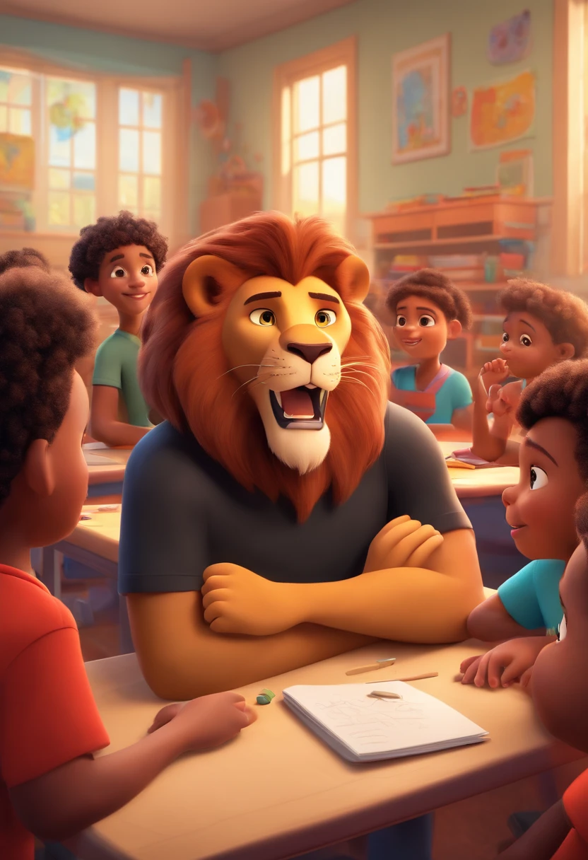 Lion Daren in a black t-shirt in a classroom with kids in Disney Pixar 3D style