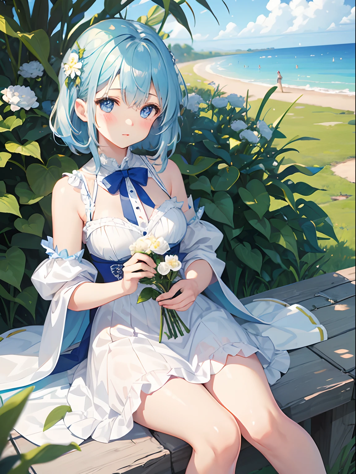 1girl in,Light Blue Medium Hair,Tying hair,Light blue eyes,Cute,blush,medium breasts, white dress, flower garden, noon, blue sky, beautiful