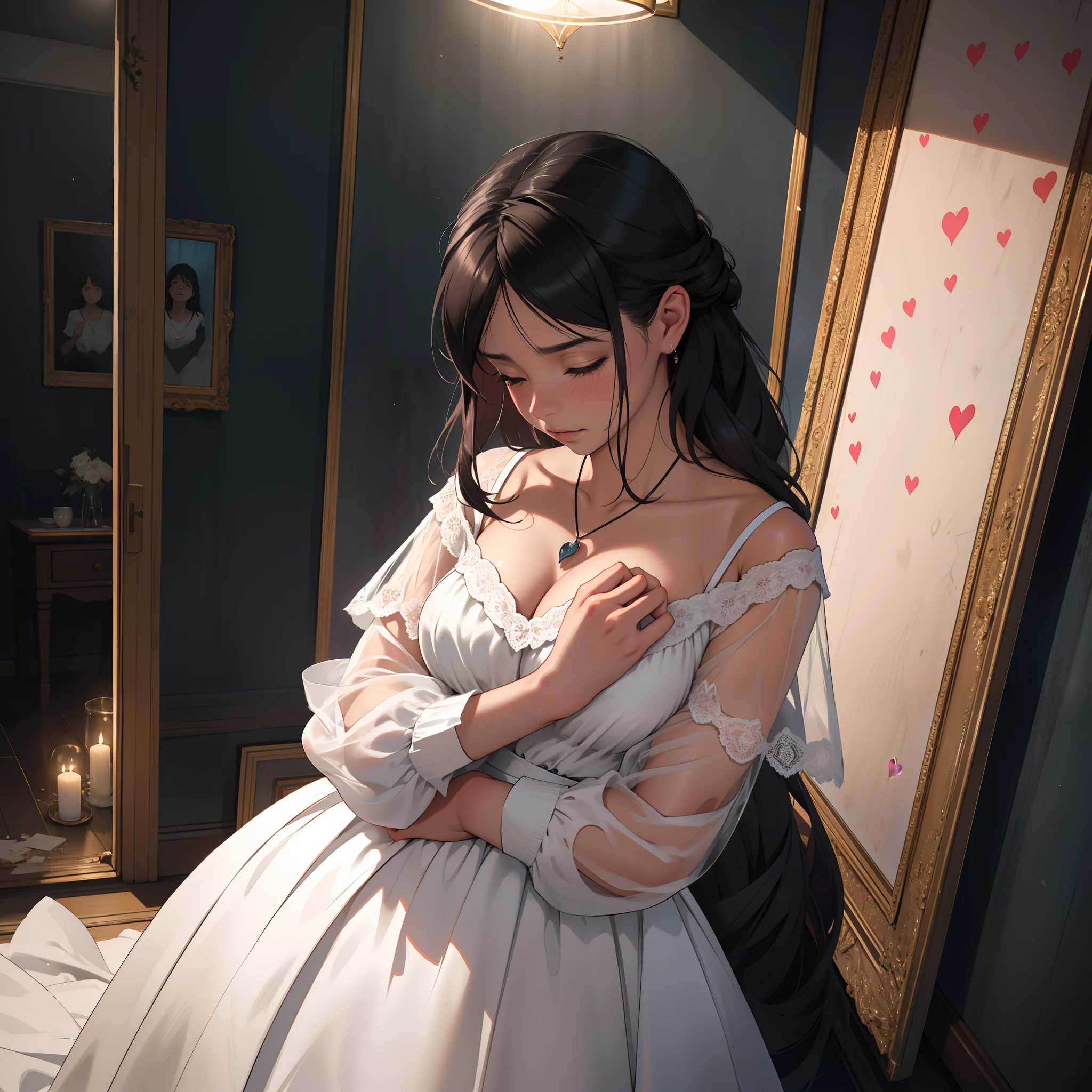 La mejor calidad,Ultra detallado,realista,Retratos,Dramatic lighting,Heart-shaped pendant,expresiones emocionales,Enfoque suave,colores vibrantes,Teary,melancholic environment,Tristeza,historia de amor,dimly lit room,gestos de llanto,angustia,emotional connection,anhelo,Dispair,soledad,Recuerdos desvanecidos,Esperanza,Romantic Setting,emociones apasionadas,ojos tristes,Symbolic Elements,Amor no correspondido,Torn Photographs,Amor perdido,Reflejo en el espejo,Arte vectorial,Obra maestra,angustia,tragically beautiful,Vulnerabilidad emocional,Heartache,Momentos conmovedores,Momentos de ternura,Internal turmoil,soledad,luto,Recuerdos que se repiten,Recuerdos agridulces,Secretos susurrados