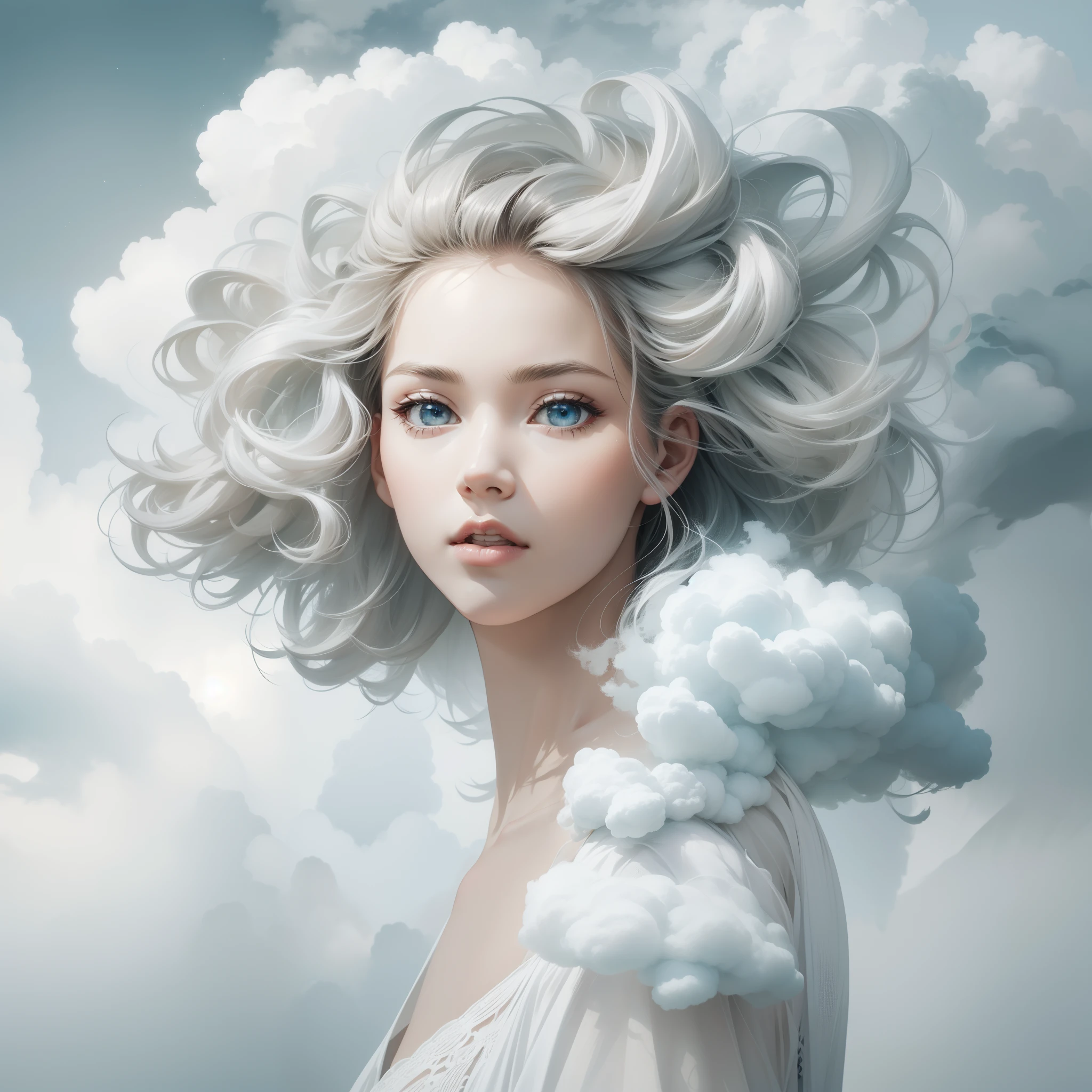 Beautiful fluffy clouds with overlapping head and face for girls，Stylized abstract portrait close-up of beautiful girl，Clouds blend into the hair，Cloud wraps girl，White background，Surrealist art fantasy style，Epic digital fantasy art style，ModelShoot style,