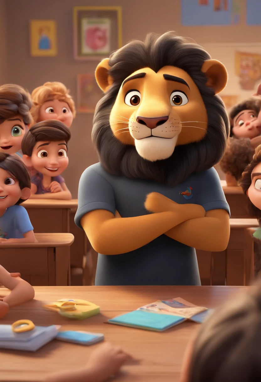 Lion Daren in a black t-shirt in a classroom with kids in Disney Pixar 3D style