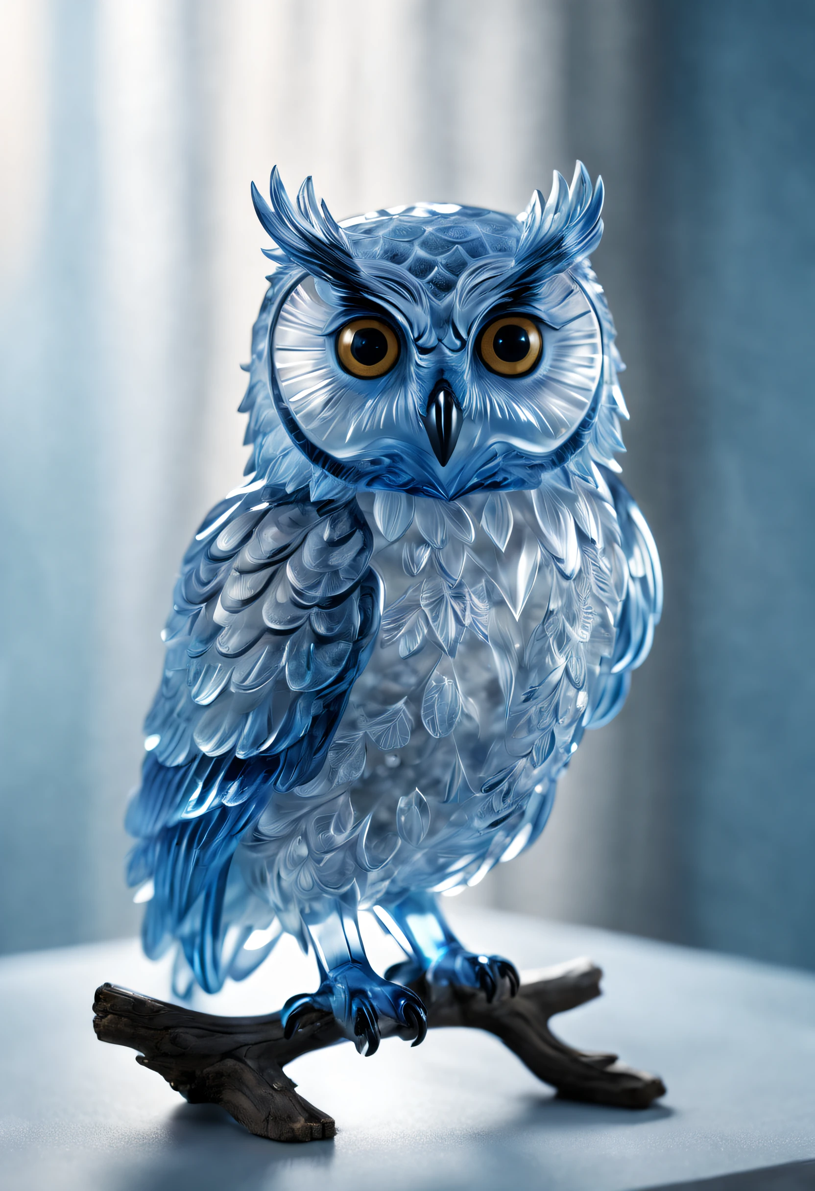 A cute crystal owl, Translucent and beautiful, It has a charming blue color. Owls have intricate details and a perfect appearance. The image quality is the best, Available in 4K or 8K resolution, Capture every detail of the owl. It is bathed in soft and professional studio lighting, It creates a magical and charming atmosphere.