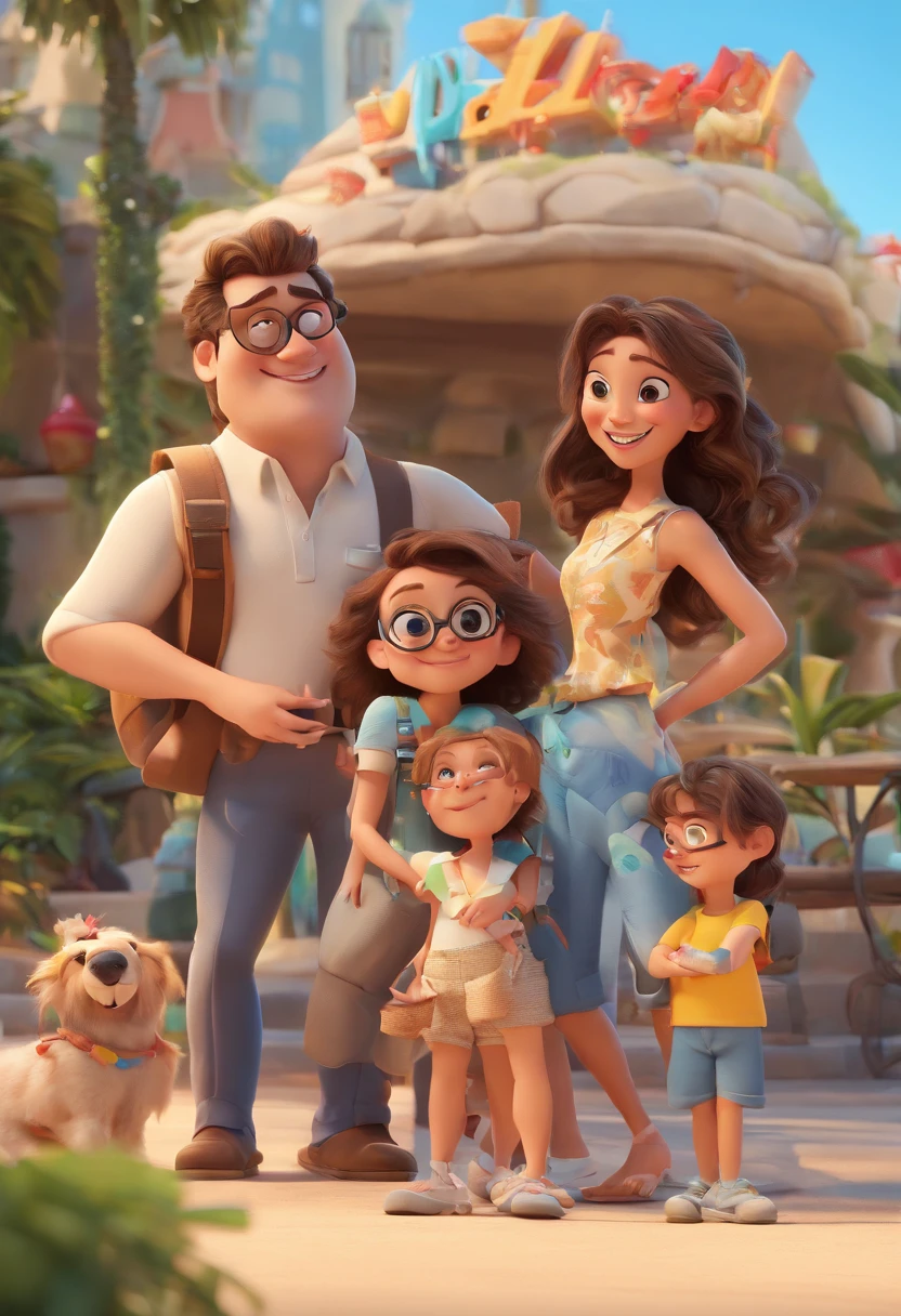 Cartoon of family having fun on vacation together, 3D Animation Movie Poster, Poster de filme animado, pixar 3 d animation style, pixar renderman rendering, maia 8 mil, animated film, Disney Pixar Estilo 3D, Happy family hang out together, All with glasses, all wearing light blue shirts and cream brown long pants, camisa azul clara, cream brown pants, ao ar livre, vacation, Disney Pixar Animation Poster