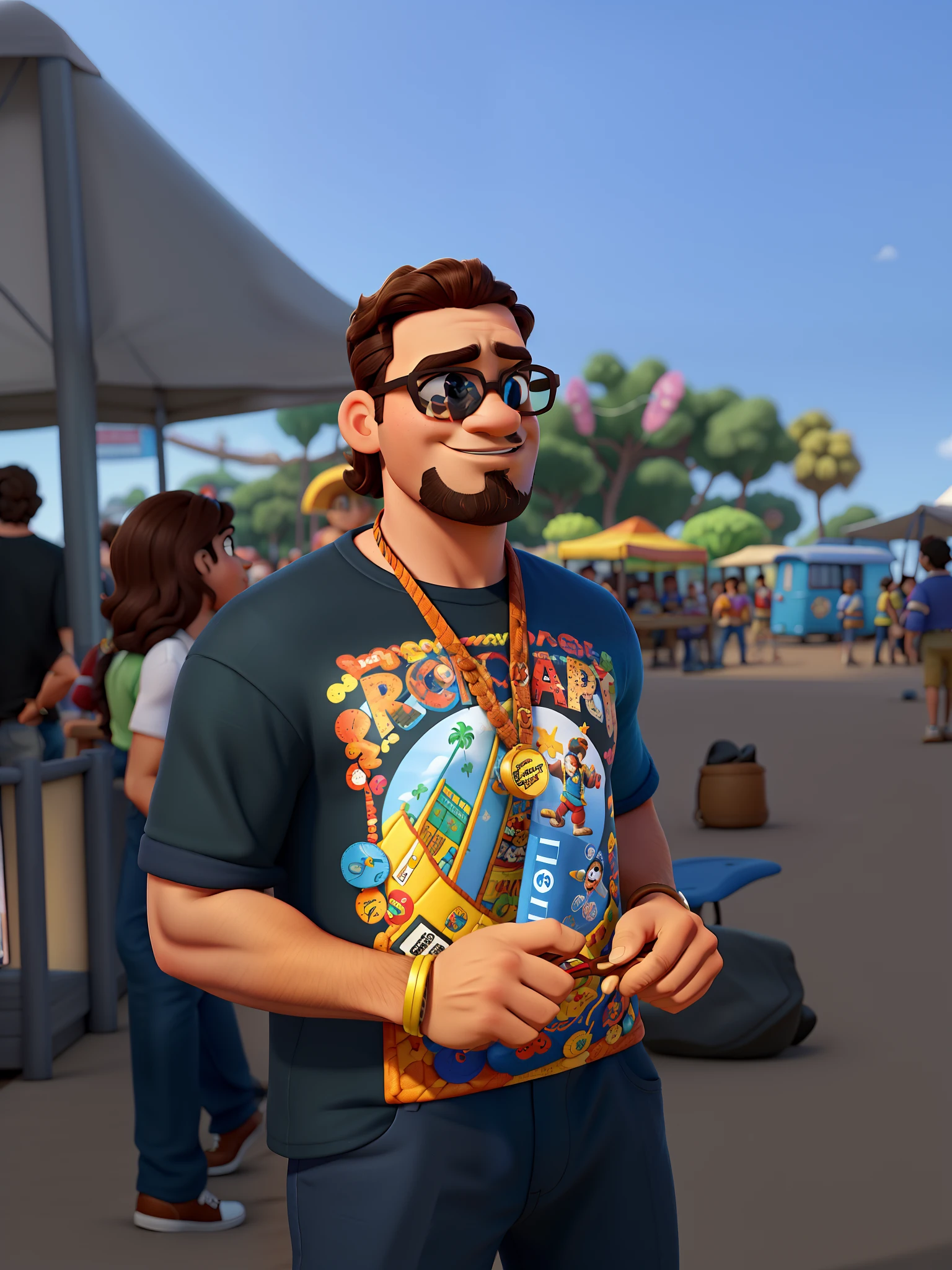 poster no estilo disney pixar, homem no festival de rock de oculos de sol, homem de pele morena, cabebolos pretos, barba curta, Strong Disney Pixar Style Arms, alta qualidade, melhor qualidade