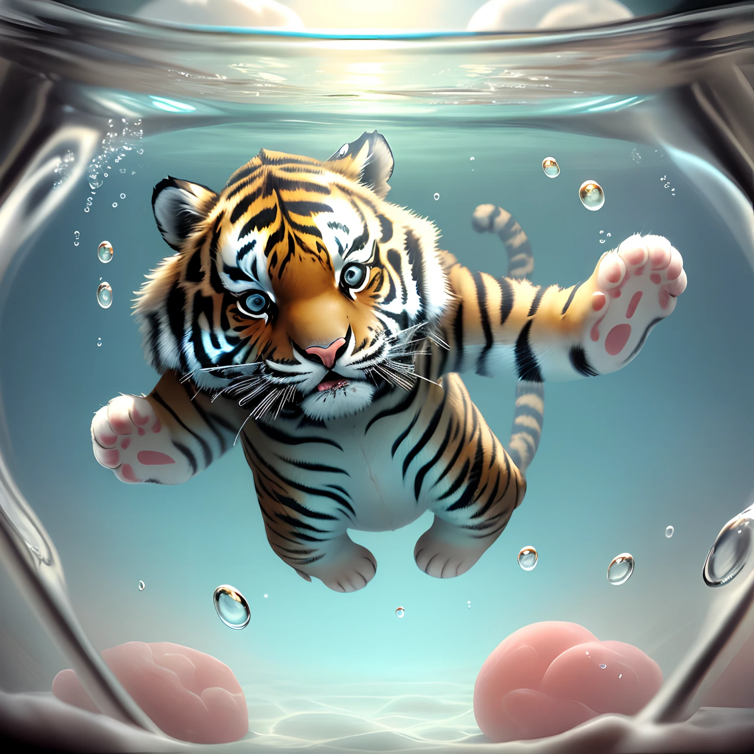 Tiger drown in glass of clear water, bubbubbles