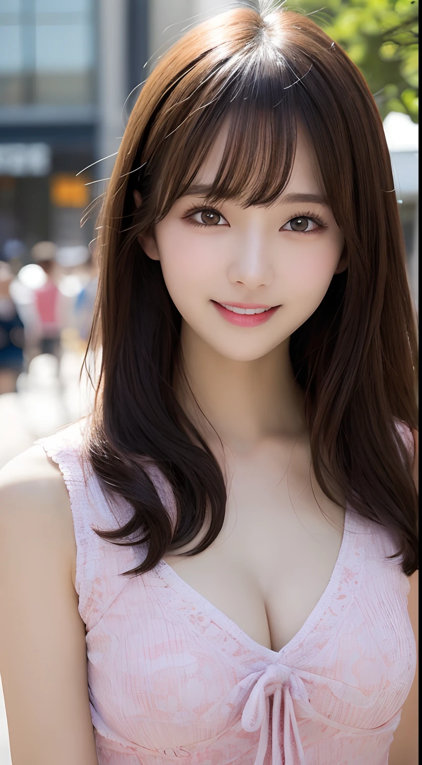 masutepiece, Best Quality, Illustration, Ultra-detailed, finely detail, hight resolution, 8K Wallpaper, Perfect dynamic composition, Beautiful detailed eyes, Women's Fashion Summer,Medium Hair,mid-chest, Natural Color Lip, Bold sexy poses,Smile,Harajuku、20 years girl、Cute、Sexy shot looking at camera