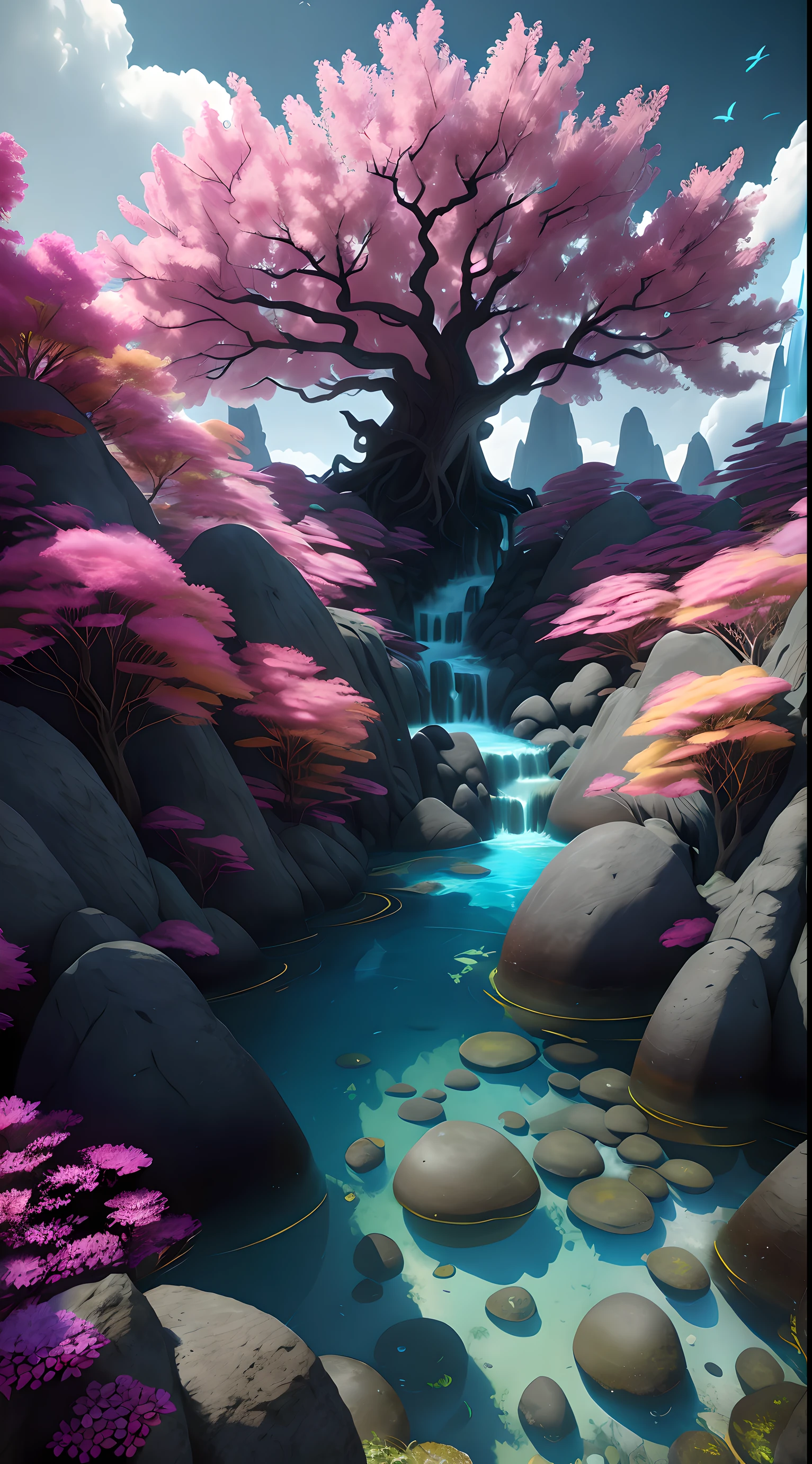 (low contrast ), colorfantasystyle masterpiece, best quality, high quality, extremely detailed CG unity 8k wallpaper, scenery, outdoors, sky, cloud, day, no humans, mountain, landscape, water, tree, blue sky, waterfall, cliff, nature, lake, river, cloudy sky,award winning photography, Bokeh, Depth of Field, HDR, bloom, Chromatic Aberration ,Photorealistic,extremely detailed, trending on artstation, trending on CGsociety, Intricate, High Detail, dramatic, art by midjourney