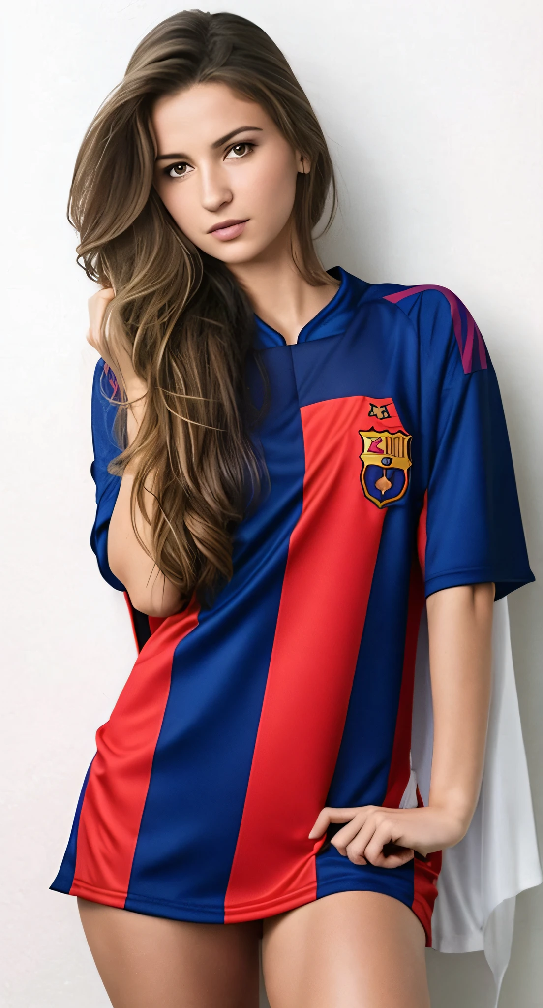arafed woman in a soccer uniform posing for a picture, wearing a barca cape, wearing a school soccer uniform, russian girlfriend, simona sbaffi is the captain, alexandra fomina, anastasia ovchinnikova, miro petrov, dasha taran, inspired by Ivan Meštrović, viktoria gavrilenko