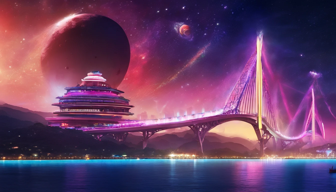 Create commercial photography depicting Qingxiu Mountain in Nanning,nighttime scene,Cruise ships in motion,The beautiful bridge is accompanied by colorful bands of light,