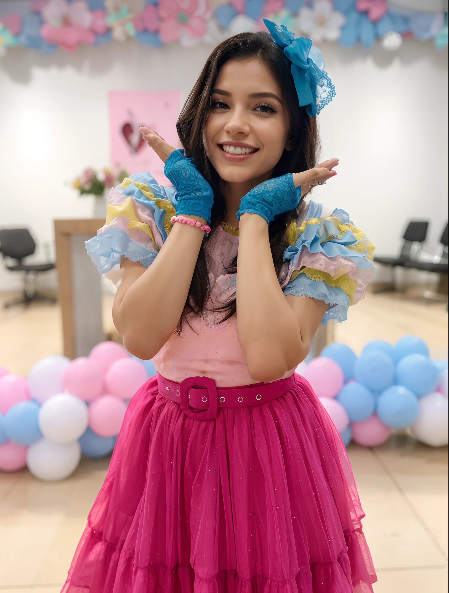 Mulher de 30 anos. blue bow in hair. Cabelos castanhos escuros. Olhos pretos. Cor parda. Blusa rosa claro. Lace gloves on hands. Colorful sleeves es d'grid style in blue colors, amarela e rosa. Saia rosa choque larga e comprida.Cinto rosa choque. Pink colored sneakers. Sorriso alegre. Dentes brancos. very friendly. beautiful appearance.