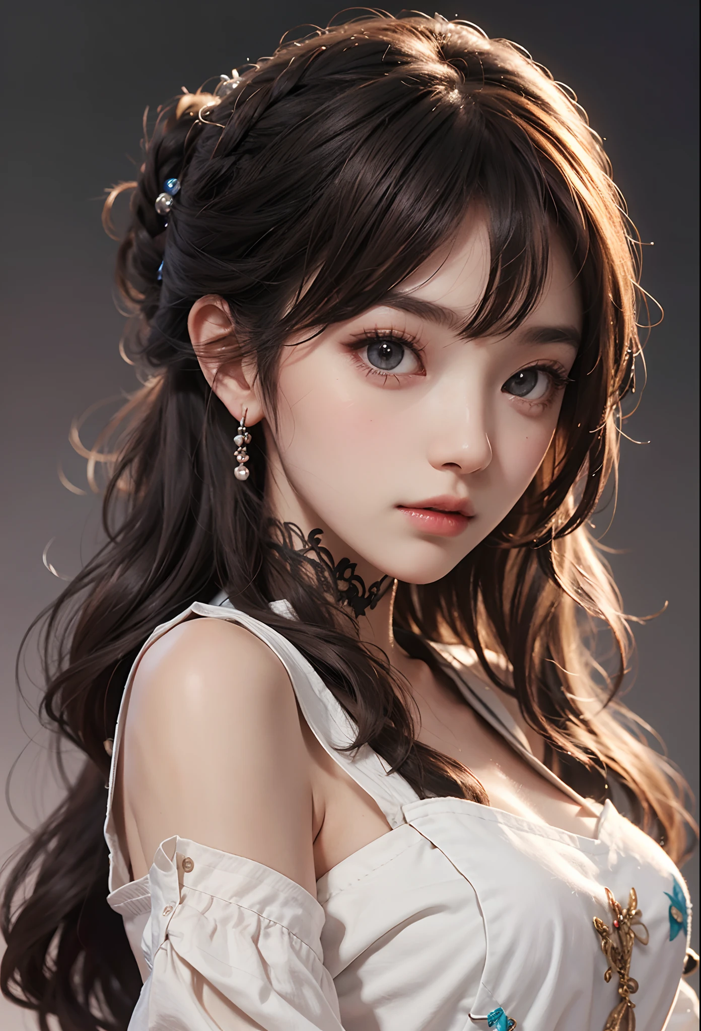 Masterpiece, 1 Beautiful Girl, Detailed Eyes, Swollen Eyes, Top Quality, Ultra High Resolution, (Reality: 1.4), Cinematic Lighting, Japanese, Asian Beauty, Korean, Very Beautiful, Beautiful Skin, Slender, Body Facing Forward, (Ultra Realistic), (High Resolution), (8K), (Very Detailed), ( Best Illustration), (beautifully detailed eyes), (super detailed), (wallpaper), detailed face, bright lighting, professional lighting, looking at viewer, facing straight ahead, outfit is neat shirt and dress, 46 point slanted bangs, night view, black hair (some red hair with mesh),