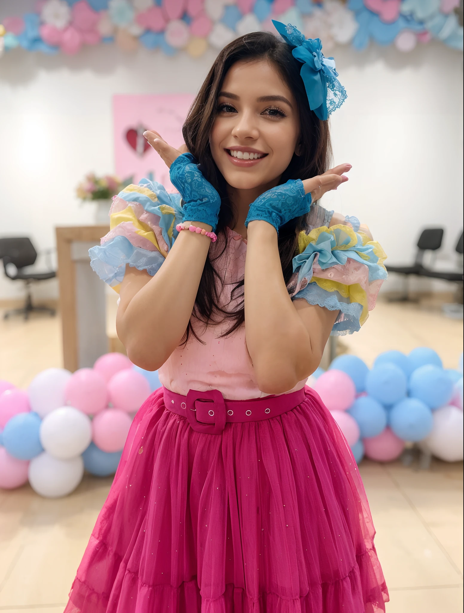 Mulher de 30 anos. blue bow in hair. Cabelos castanhos escuros. Olhos pretos. Cor parda. Blusa rosa claro. Lace gloves on hands. Colorful sleeves es d'grid style in blue colors, amarela e rosa. Saia rosa choque larga e comprida.Cinto rosa choque. Pink colored sneakers. Sorriso alegre. Dentes brancos. very friendly. beautiful appearance.