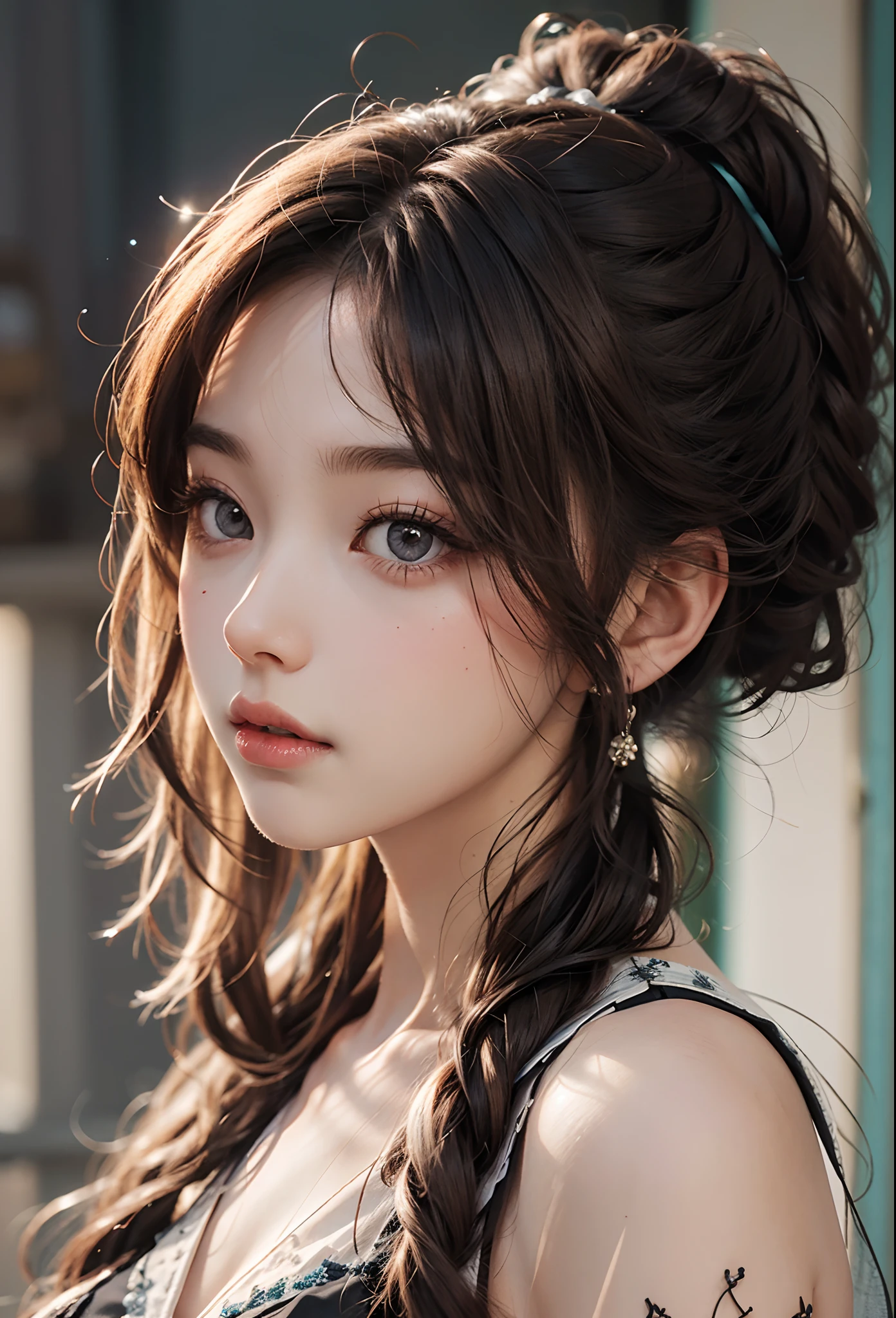 girl with,kawaii,slenderbody,An ultra-high picture quality,((Semi-long chignon)),Brown hair,Ultra-delicate images,8K,masutepiece,dishevled hair,Beautiful face,Detailed hair,Detailed eyes,