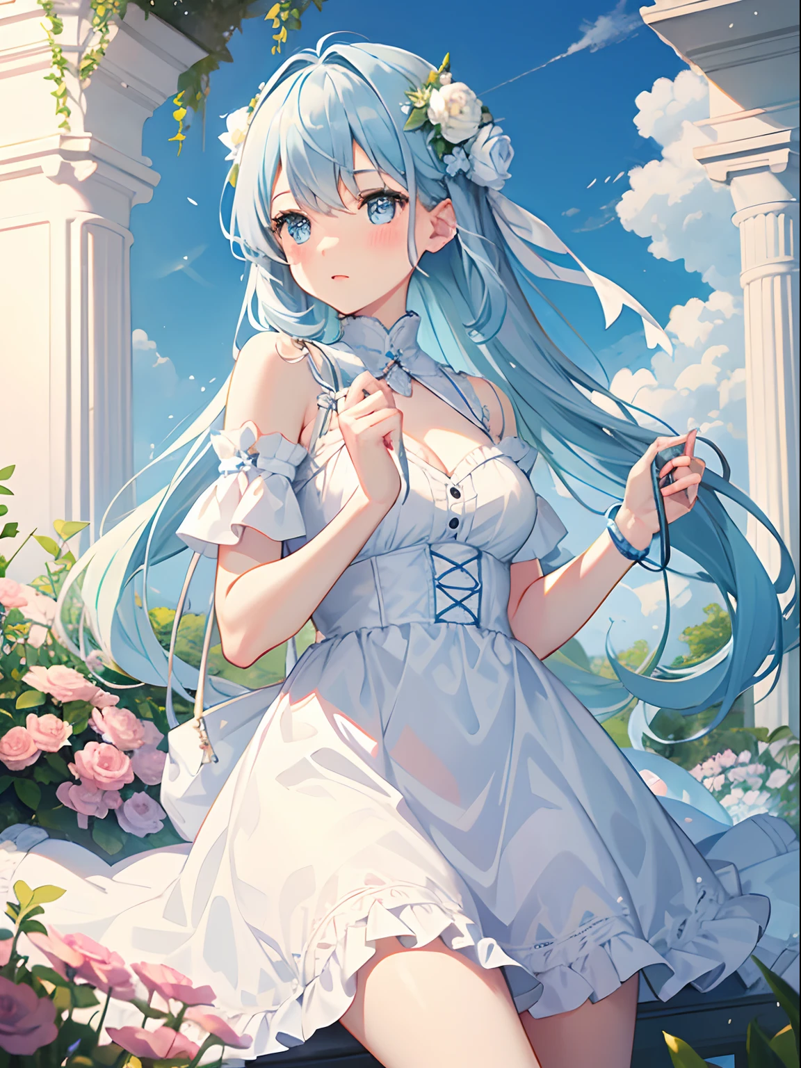 1girl in,Light Blue Medium Hair,Tying hair,Light blue eyes,Cute,blush,medium breasts, white dress, flower garden, noon, blue sky, beautiful