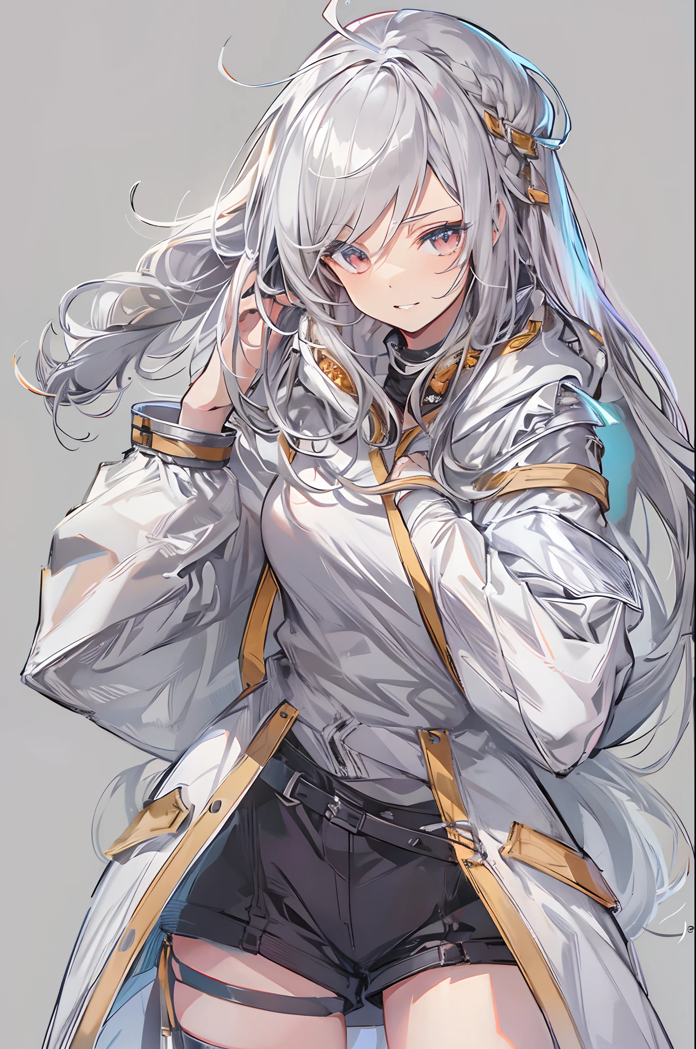 1girl, {solo}, upper body ,{{ {looking at viewer}}}, arm at side, concept art, white background, simple background, white hair, silver gradiient hair , complex cloth, asymmetrical clothes, virtual youtuber, best quality, masterpiece, dynamic angle, guilty gear, guilty gear, guilty gear, cowboy_shot, looking_back, grabbing, girl,woman,female, young,20 years old, very long hair, flipped hair, silver hair, flowing hair, ahoge, smirk, beautiful and delicate golden eyes, teeth, medium_breasts, blonde eyes, white skin, coat, hoodie, black_shorts, grey Clothes, transparent_background, backlighting, absurdres, highres, ultra detailed,