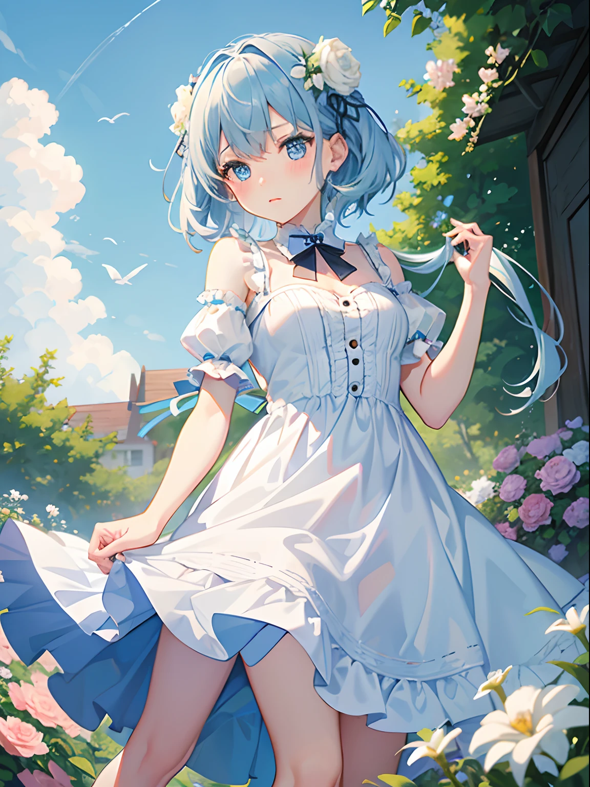 1girl in,Light Blue Medium Hair,Tying hair,Light blue eyes,Cute,blush,medium breasts, white dress, flower garden, noon, blue sky, beautiful