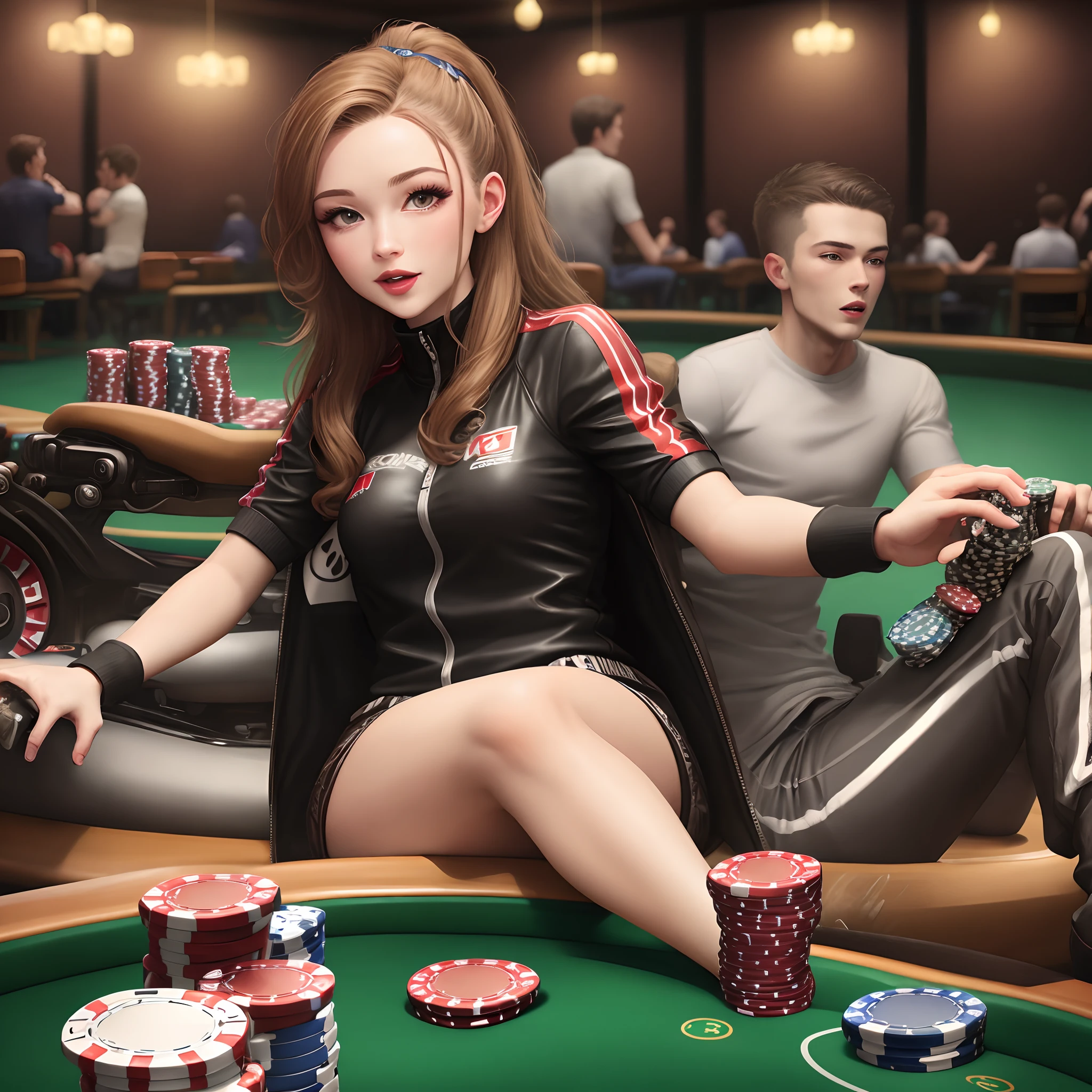 dua cewek sekolah sma holding up a sign "coblos4d regist now", text fit with sign, teasing smile, happy, photorealistic, red casino background, big breast, cleavage, standing behind poker table, asian girls,white skin, blonde, wave hair, red hair, CyberRealistic,