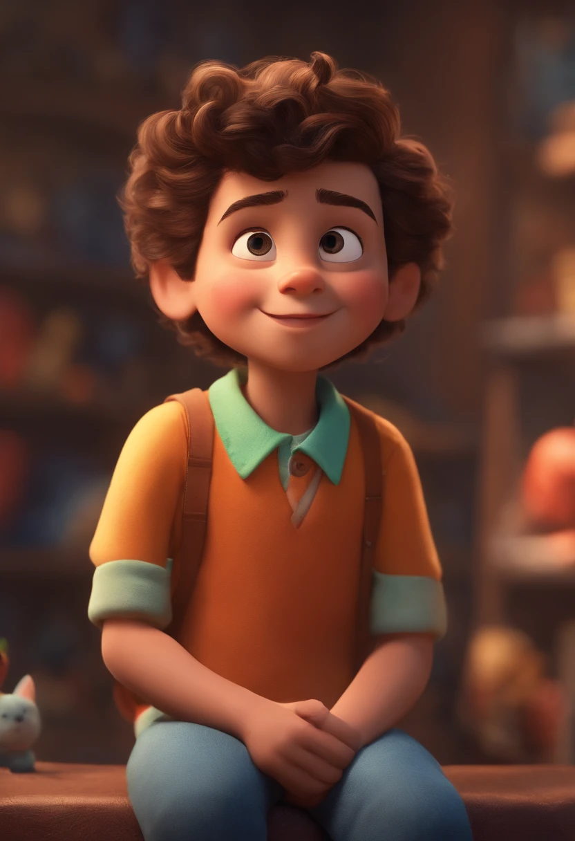 Image of a boy for a story in a YouTube video in Pixar format, He's the little allabester, He's the class leader, He's outgoing, Playful and gets up for a lot of things, cabelo curto e tem barba