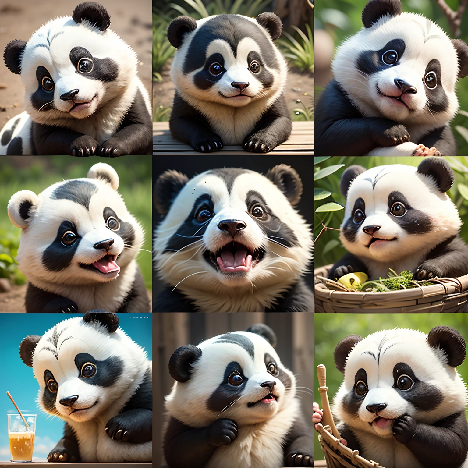 A close-up of a cartoon panda with many different expressions, including telegram stickers, telegram sticker design, big end stickers, cute and adorable pandas, 9K --auto --s2