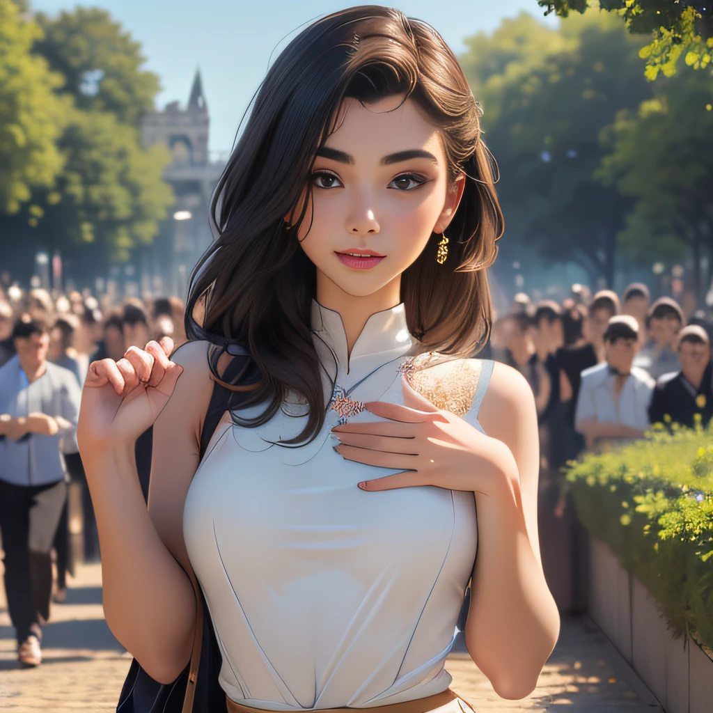 (extremely detailed 8K wallpaper:2), (photo:2), (24 years old Xuan Beautiful girl:2), (gives a lecture to friends:2), Detailed (Face & Eyes), (hyper realistic:1), (Highly detailed:1), (Epic Realistic:1), rim light, (Maximum details:1), Cosy, (body complet:1.3), (looking a viewer:2.0), (Attractive qualities of a woman:2), (attractive female:2), (Attractive:2), Smile, intelligence, sympathy, Grace, A sense of style, Fitness, Care, optimism, (sensitivity:2), frankness, Romantic gestures, playfulness, Fashion Sense, (sensuality:2), charm, modesty, Thoughtfulness, (femininity:1), flirtatiousness, warmth, (Physical Attractiveness:2), beautiful smile, Love of Life, Strength and power, Vulnerability, curiosity, wonder, Love, (Nature's prehistory:2), Kawaii, waifu, beautiful breasts, (attractive body:2), (handsome body:2), BEAUTIFUL POSE, attractive pose, (nice feet:1.0), (beautiful clothing:1), (Classic clothes:2), (elegant clothing:2), (European Clothing:2), detailed clothes, (upskirt:1), (blouse:1), (provocative pose)